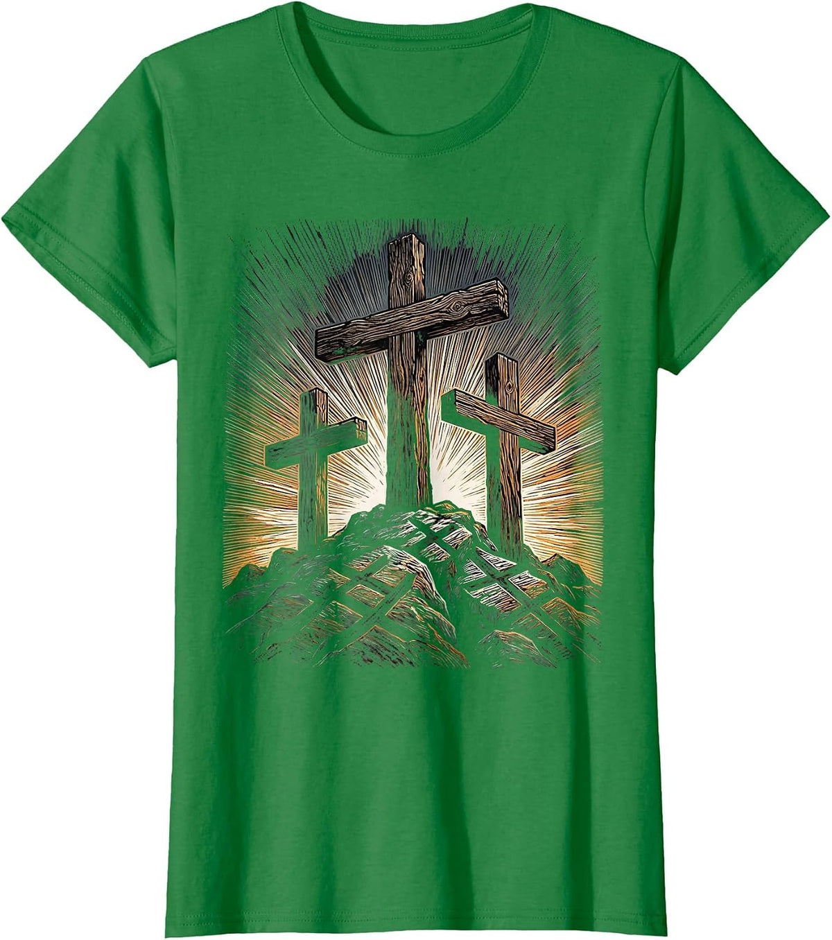 Three Crosses on Rocky Hilltop at Dusk T-Shirt - Kelly Green