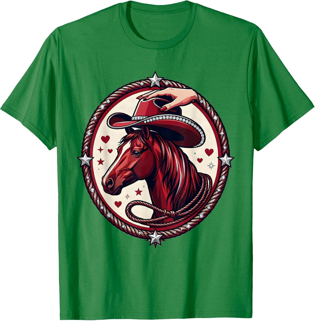 Men's Cowgirl Placing Hat on Horse Graphic Tee T-Shirt - Kelly Green