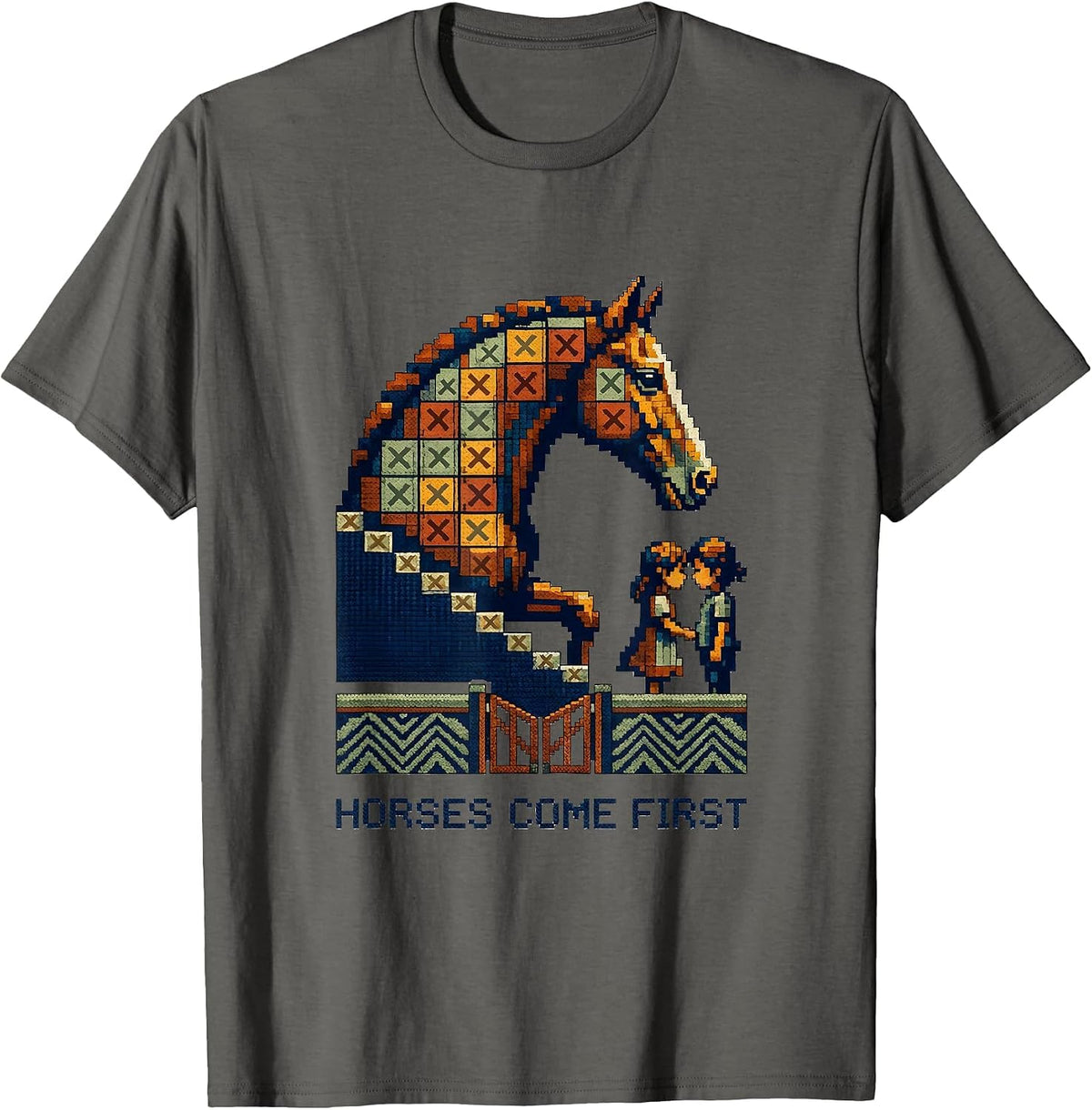 Horses Come First Funny Horse Lover Girl Humor Cross Stitch T-Shirt - Asphalt Grey