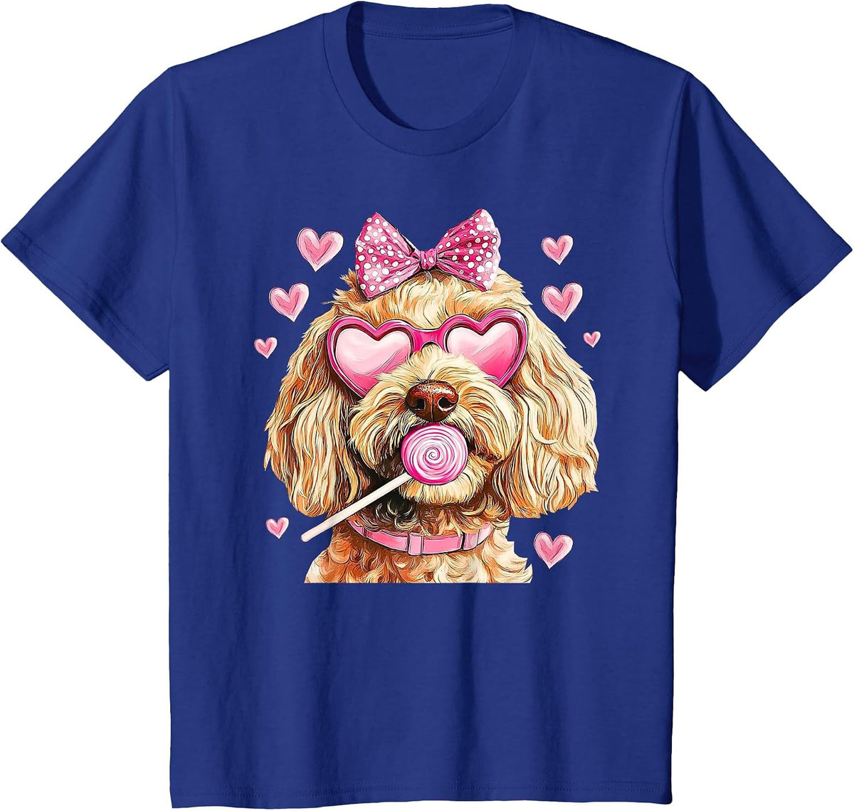 Cute Goldendoodle Wearing Glasses Heart Puppy Valentines Bow T-Shirt - Royal Blue