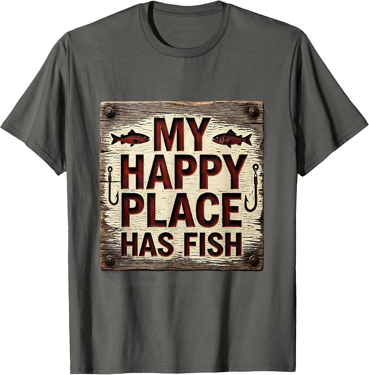 My Happy Place Has Fish Fishing Design T-Shirt - Asphalt Grey