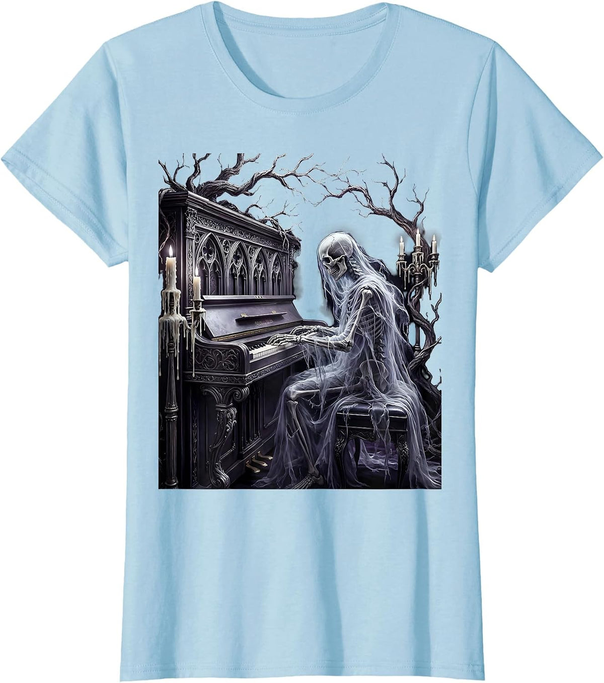 Ghost Playing Vintage Upright Piano Illustration T-Shirt - Baby Blue