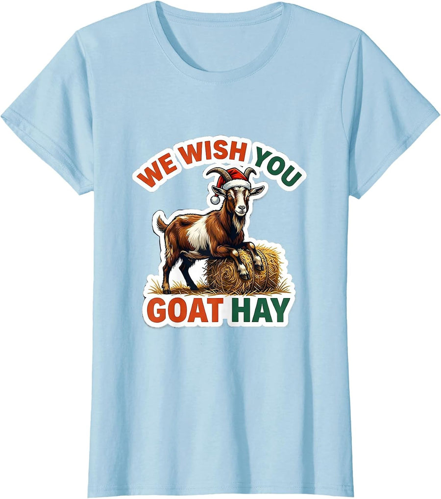 Women's We Wish You Goat Hay Funny Goat Lover Christmas Santa Hat T-Shirt - Baby Blue