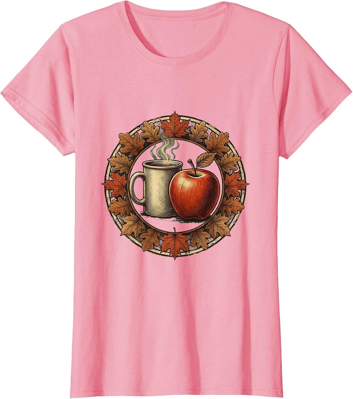 Women's Teacher Fall Steaming Mug and Apple Illustration T-Shirt - Pink