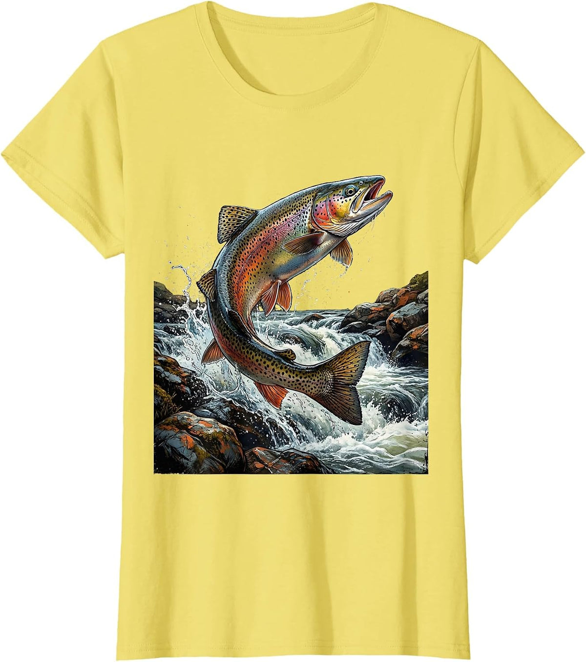 Trout Upstream Rapids Fishing Graphic Design T-Shirt - Lemon Yellow