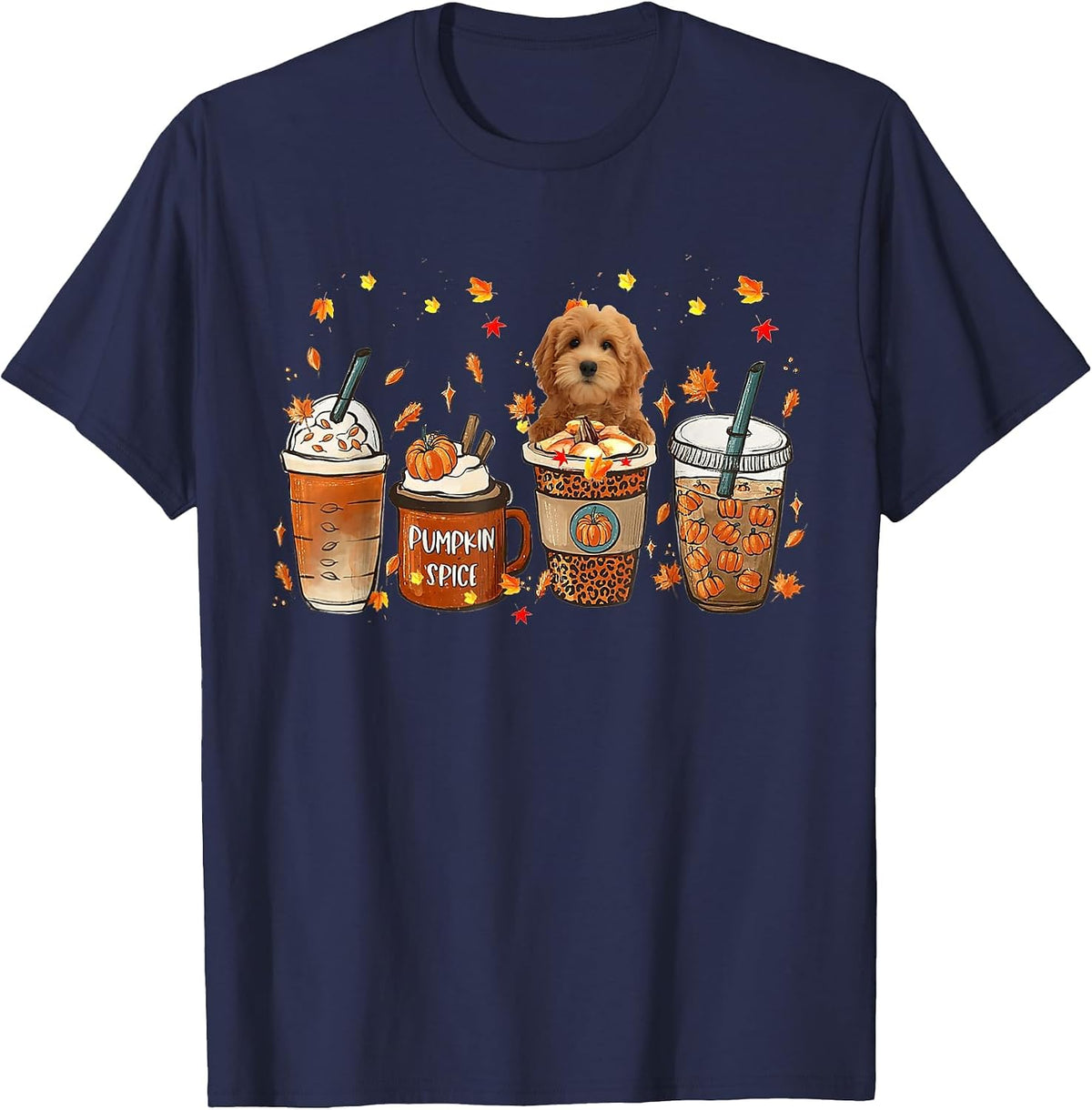 Goldendoodle Fall Coffee Pumpkin Spice Latte Iced Autumn T-Shirt - Navy Blue