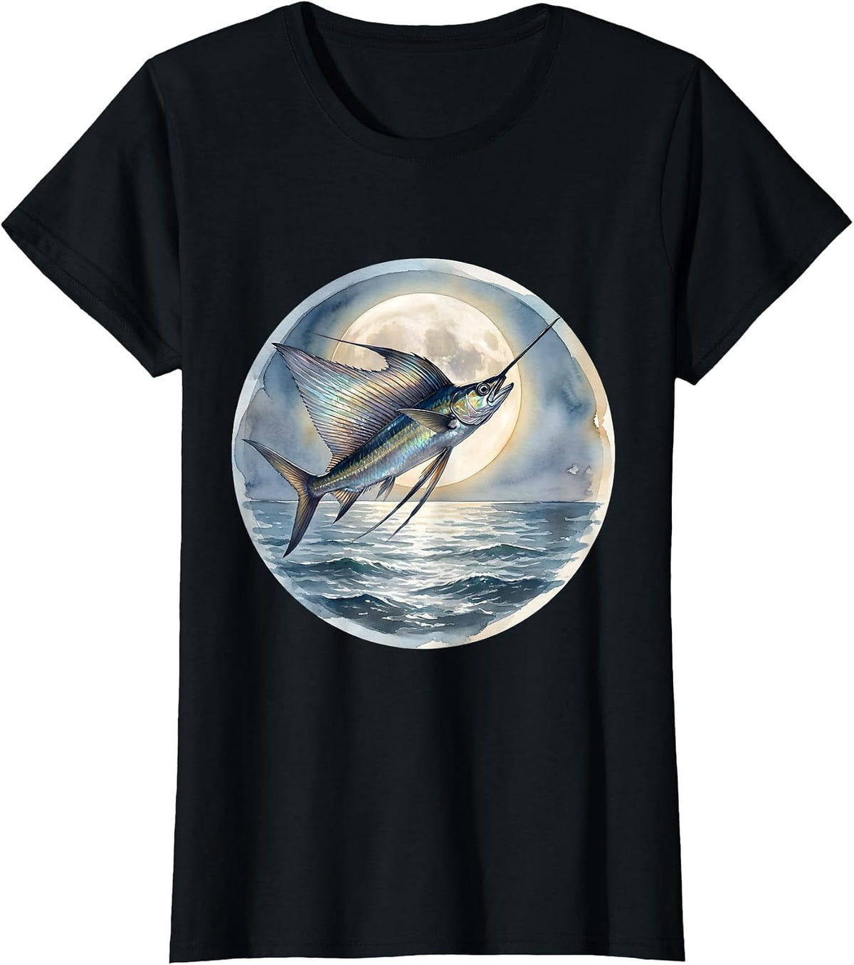 Women's Flying Fish Moonlit Gulf of Mexico Illustration T-Shirt - Black