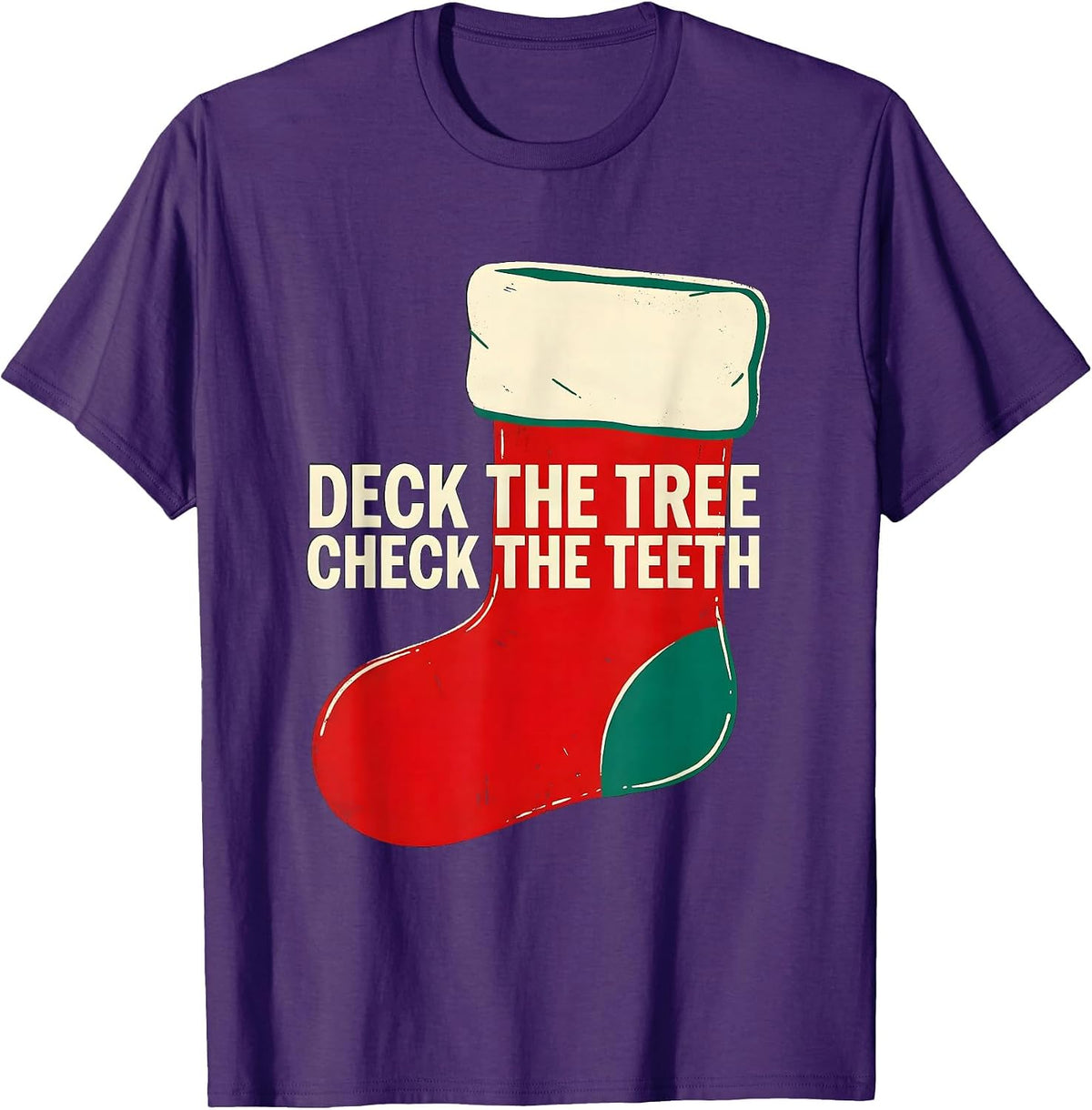 Deck The Tree Check The Teeth Funny Dentist Christmas Dental T-Shirt - Purple