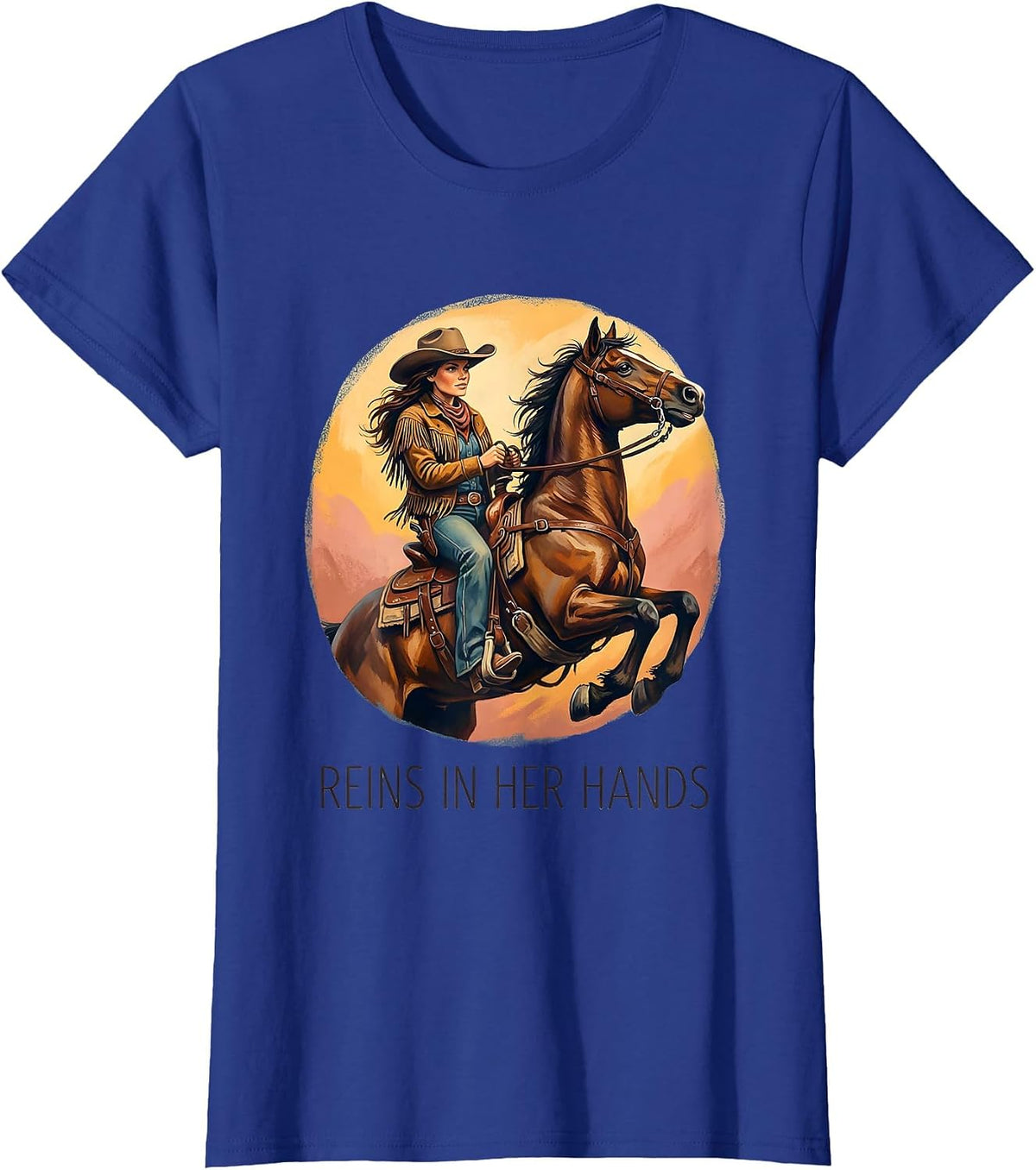 Women's Reins In Her Hands Cowboy Western Design T-Shirt - Royal Blue