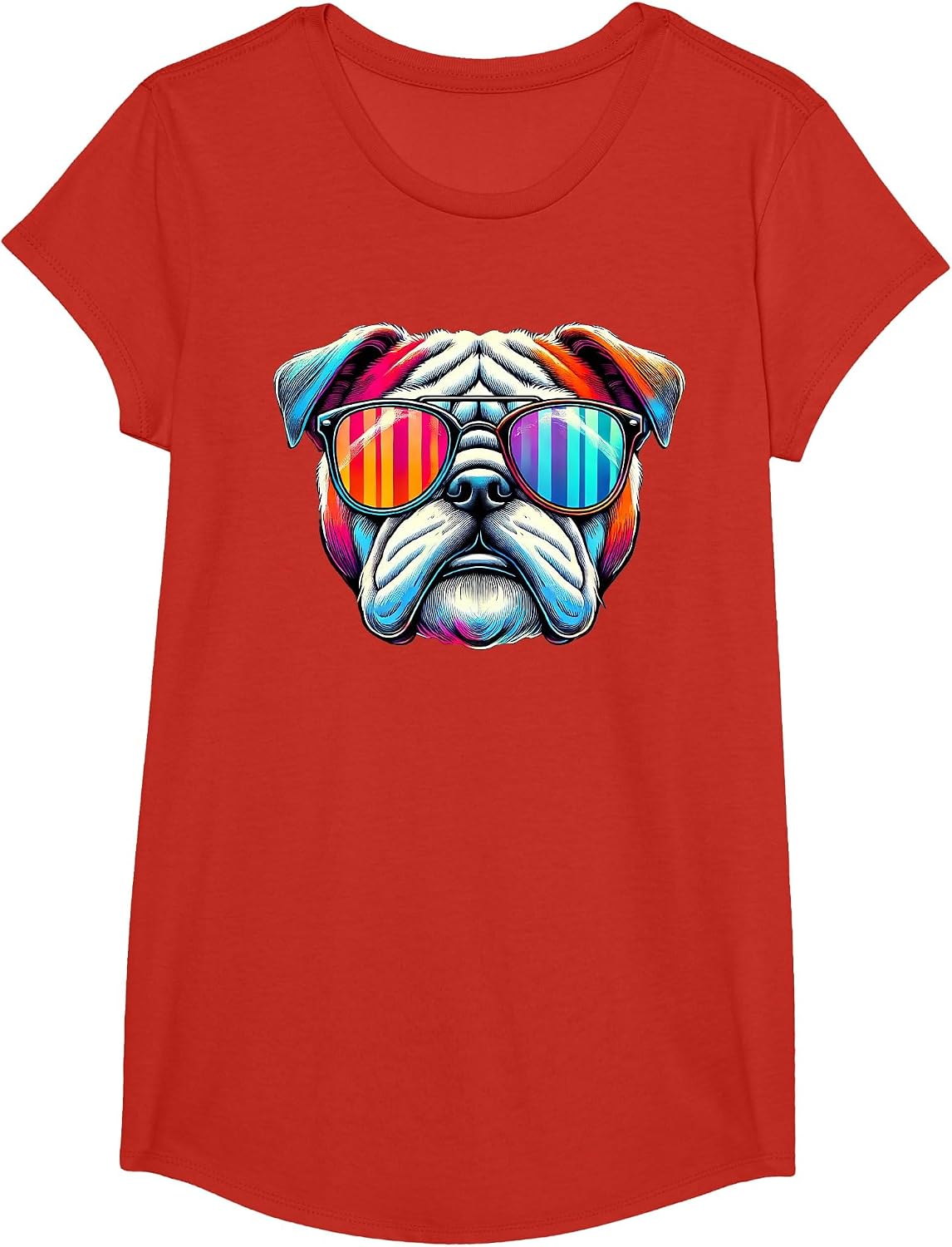Colorful English Bulldog Wearing Sunglasses T-Shirt - Girls Red