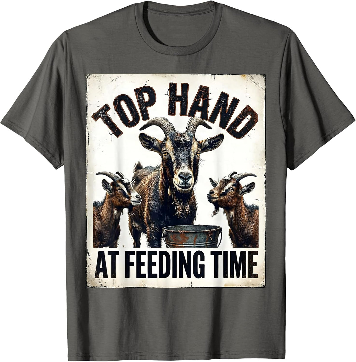 Top Hand At Feeding Time Distressed Funny Goat Lover Farmer T-Shirt - Asphalt Grey