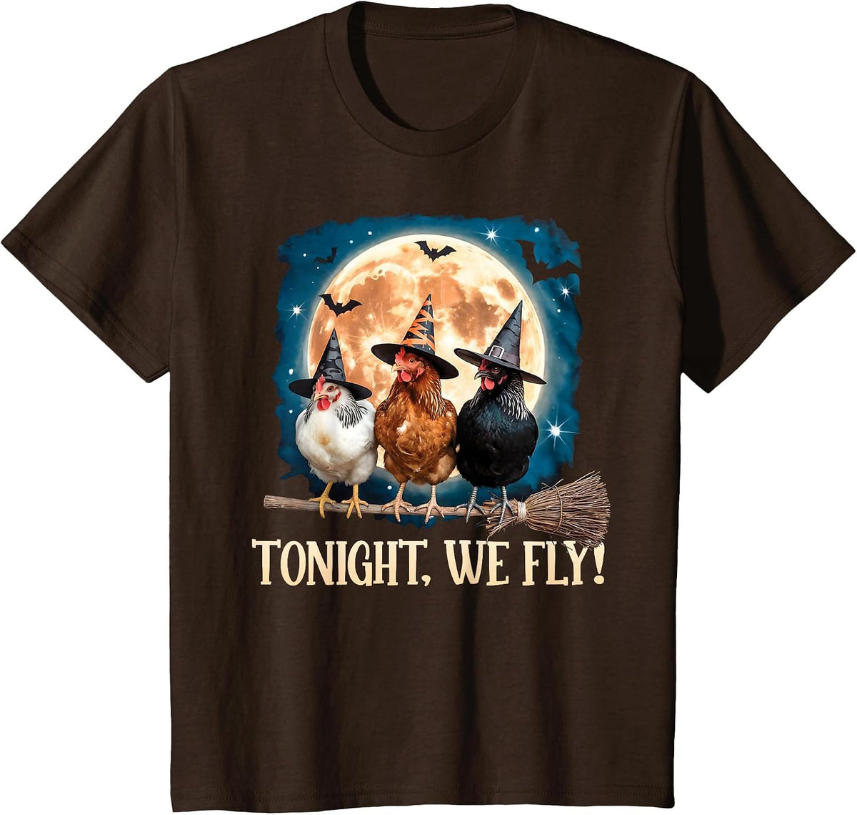 Tonight We Fly Moon Bat Funny Spooky Chicken Witch Halloween T-Shirt - Brown