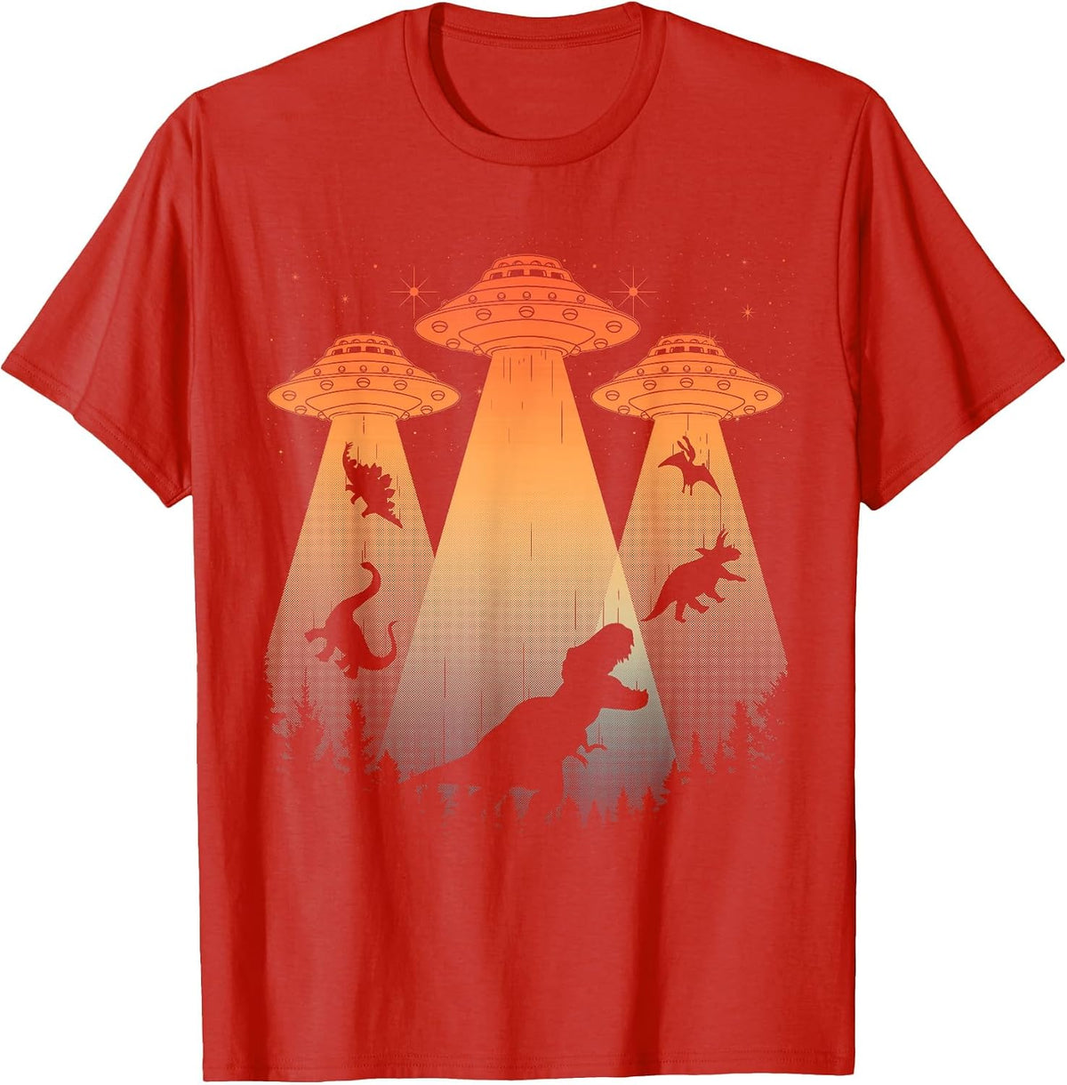 Cool Dinosaur Art for Men Women UFO Alien Abduction Dinosaur T-Shirt - Red