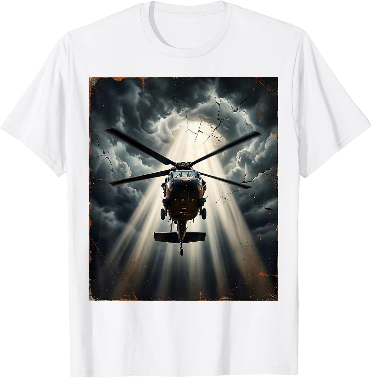 Men's Helicopter Spotlight Through Dark Stormy Clouds T-Shirt - White