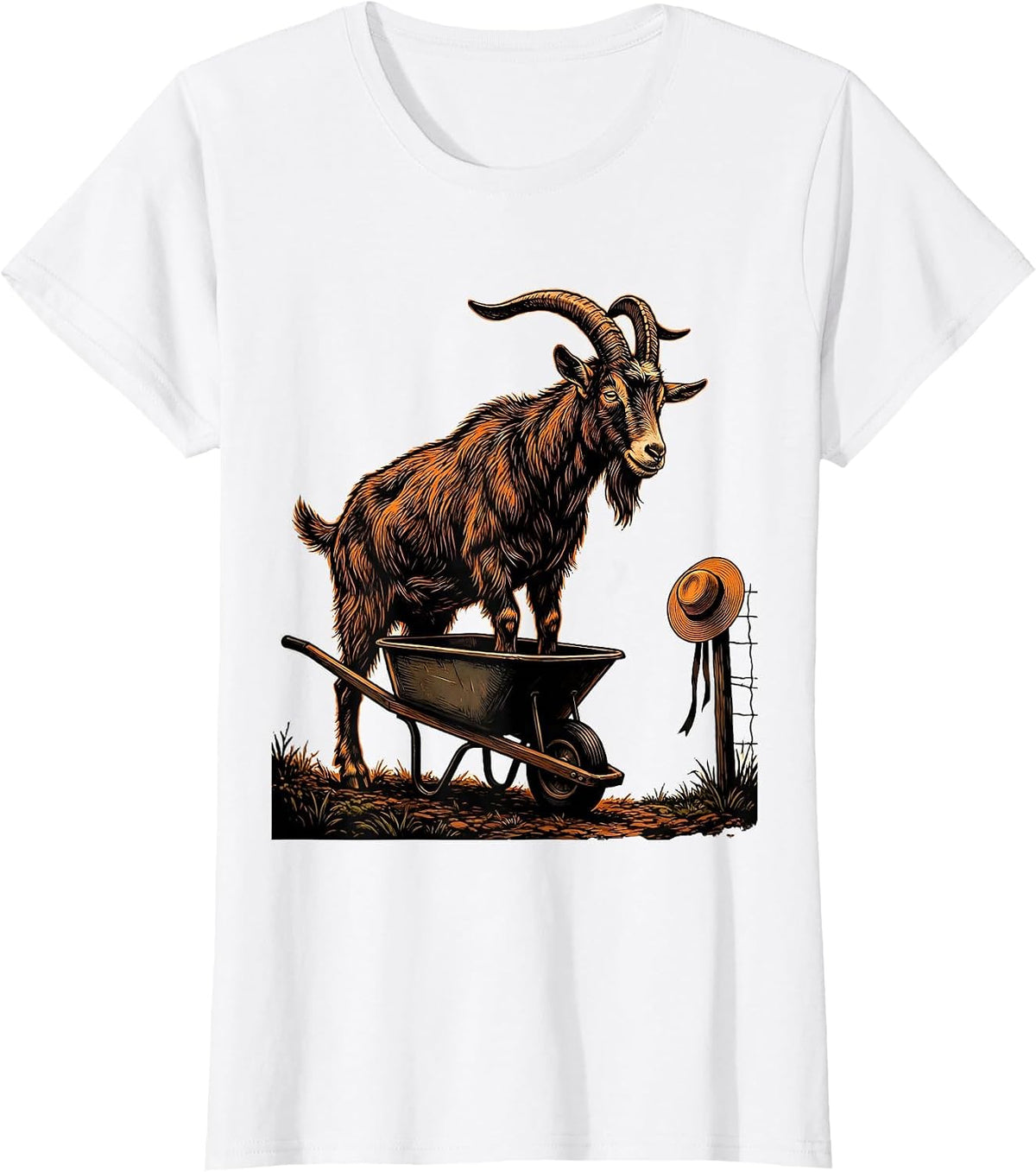 Women's Stencil Goat Wheelbarrow Funny Goat Lover Farmer Gift T-Shirt - White