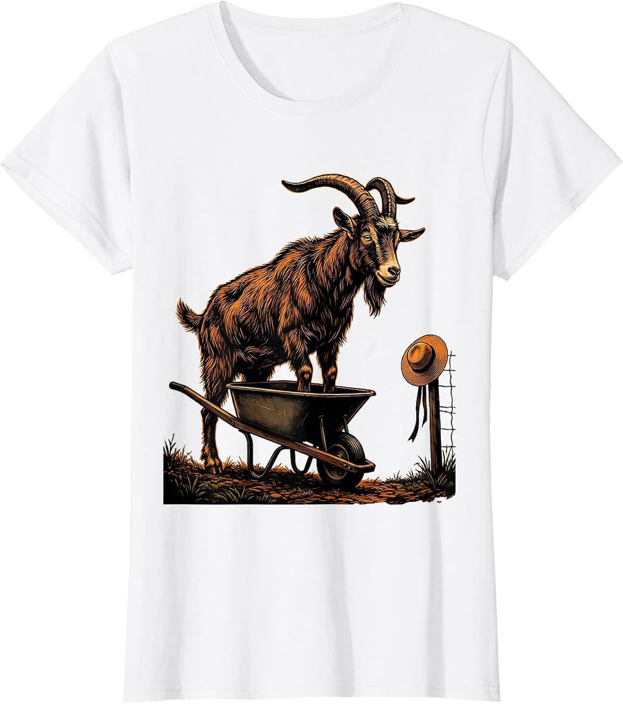 Women's Stencil Goat Wheelbarrow Funny Goat Lover Farmer Gift T-Shirt - White