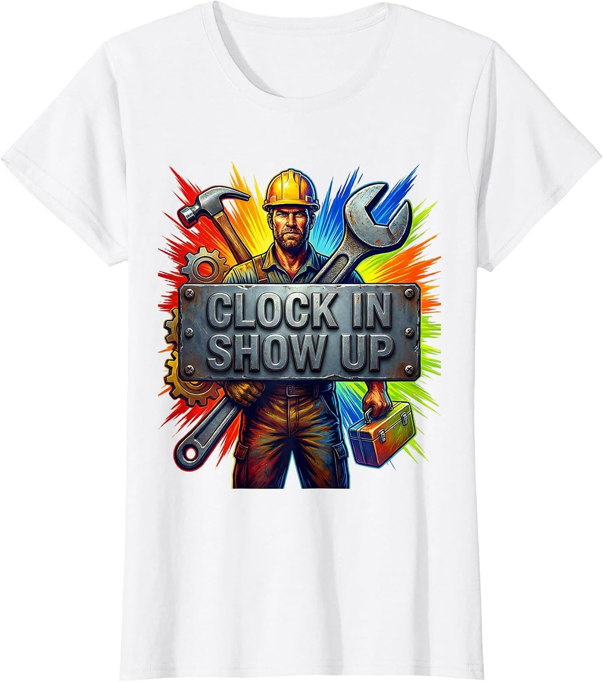 Clock In Show Up Blue Collar Worker Design T-Shirt - White