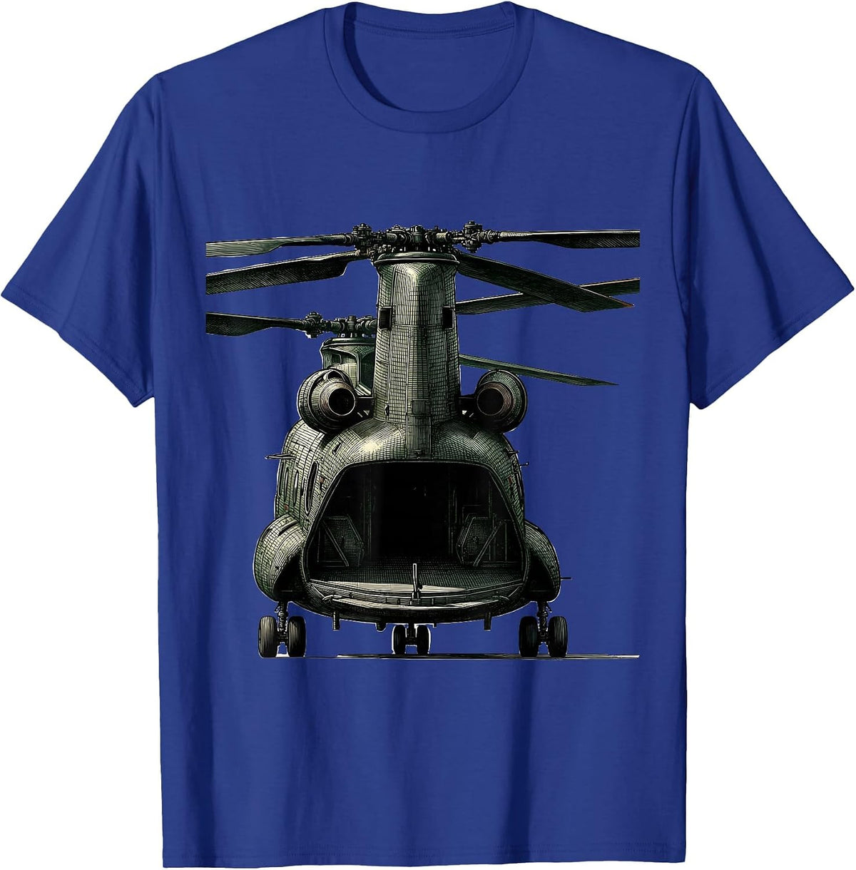 Men's CH-46 Sea Knight Crosshatch Etching Military Helicopter T-Shirt - Royal Blue