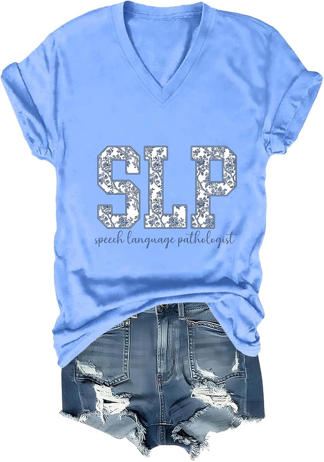 Speech Language Pathologist Shirt SLP V-Neck Shirts Florals Speech Therapist V Tee - Sky Blue