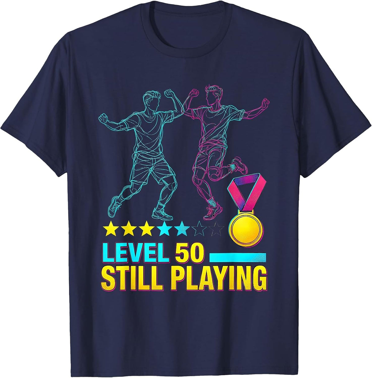 Men's Level 50 Still Playing Pop Art Bachelor Party Anniversary T-Shirt - Navy Blue