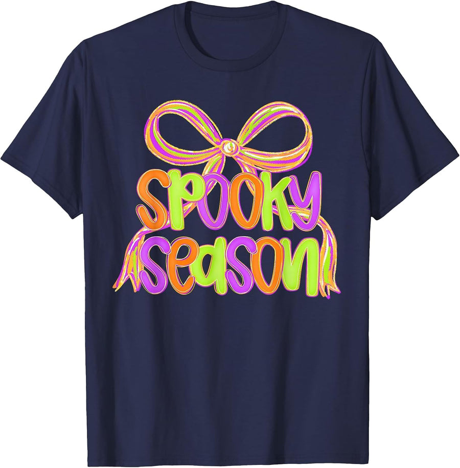 Spooky Season Coquette Bow Happy Halloween Trick Or Treat T-Shirt - Navy Blue
