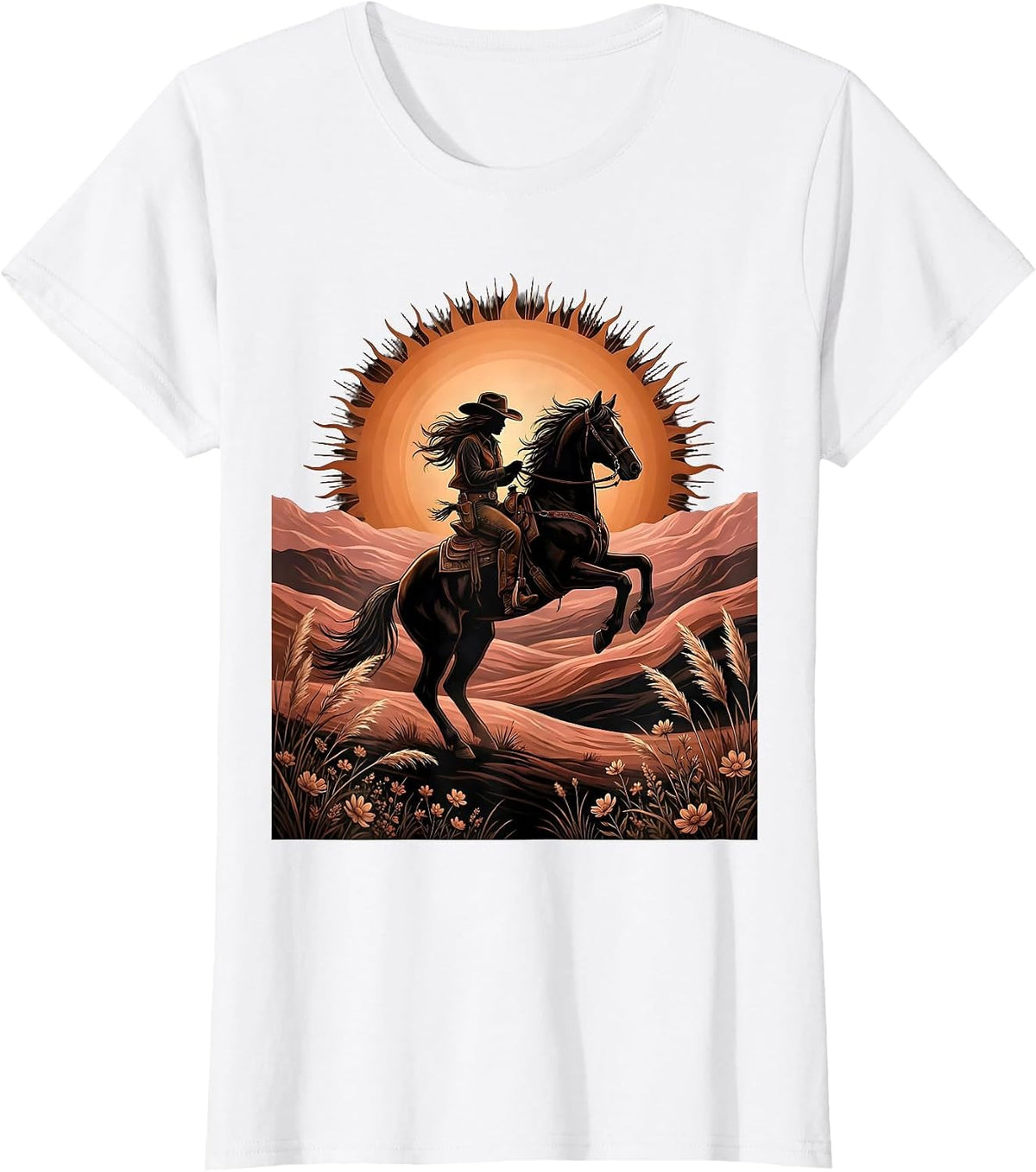Women's Cowgirl Riding Horse at Sunset Western Design T-Shirt - White
