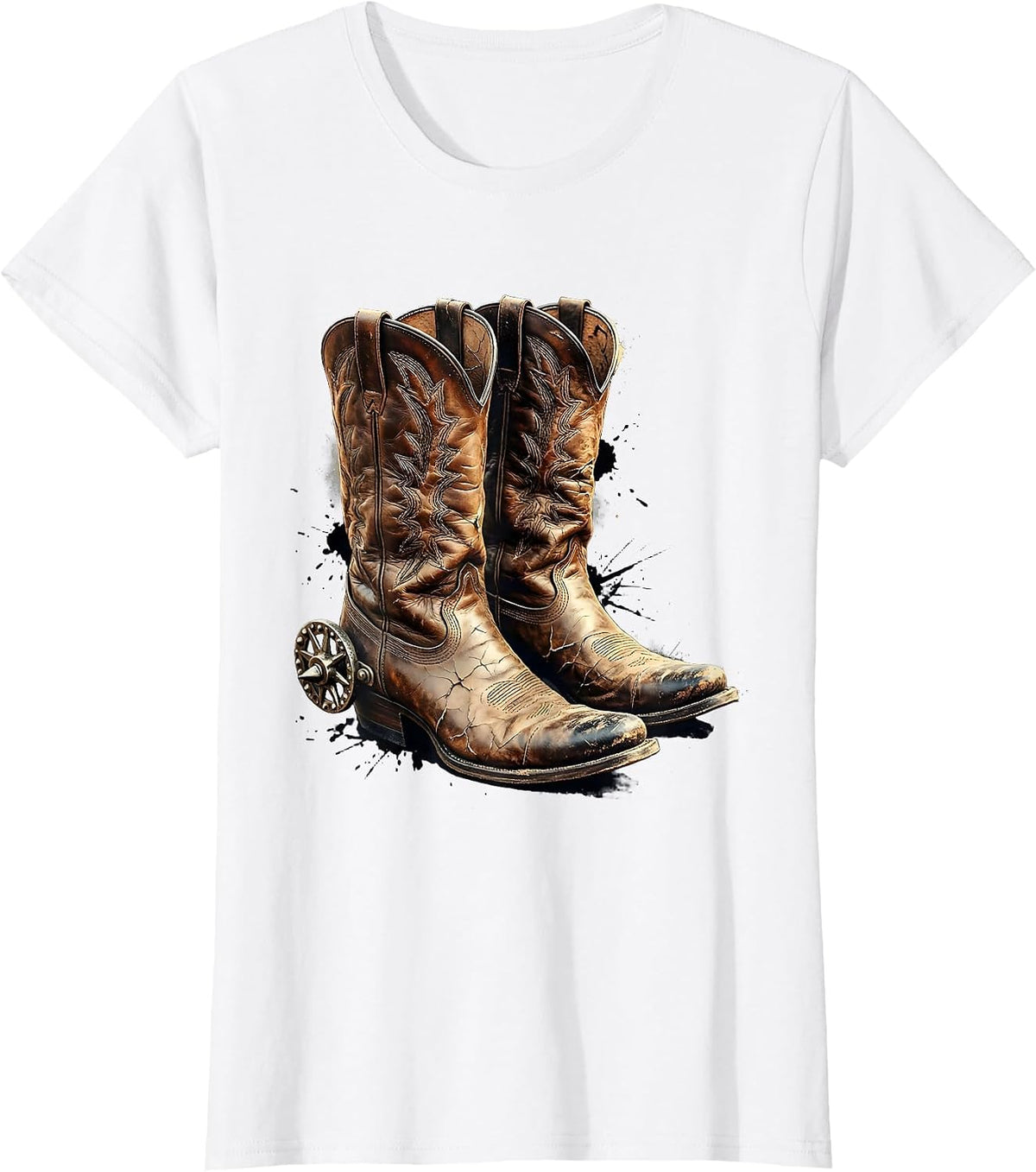 Worn Cowboy Boots With Spurs Cowgirl Graphic T-Shirt - White