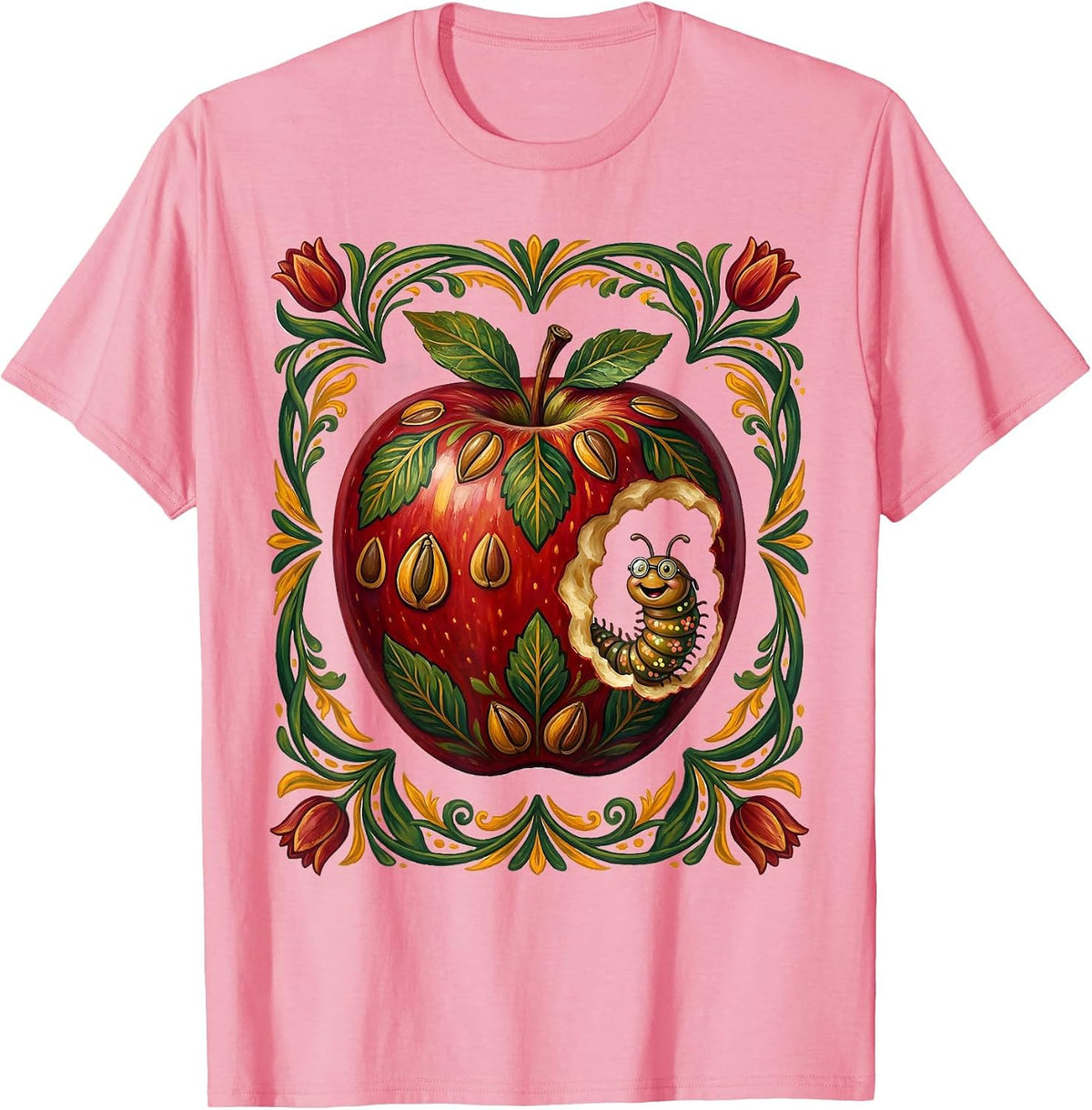 Men's Apple Teacher Bookworm Graphic Design T-Shirt - Pink