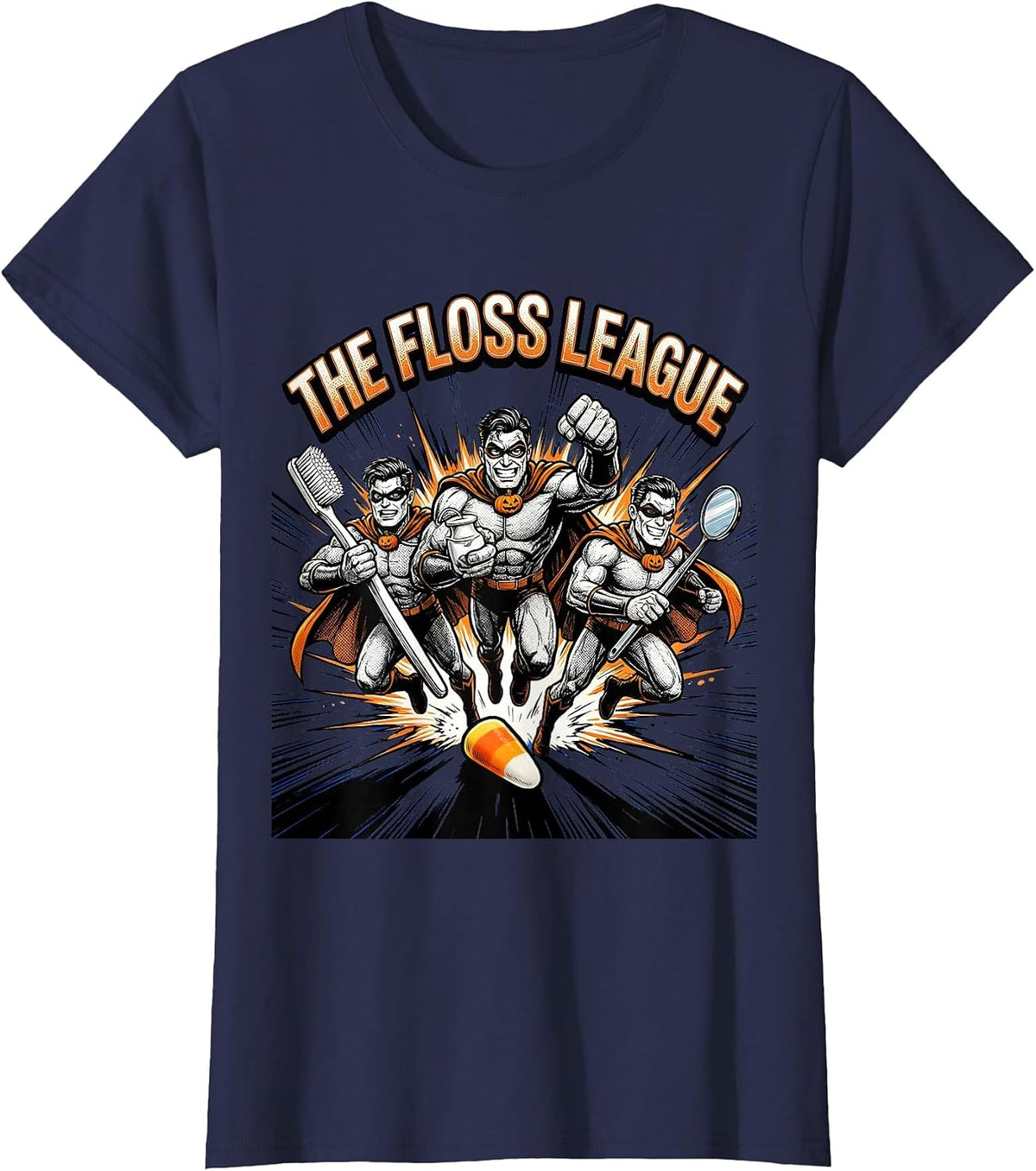 Women's The Floss League Comic Dental Humor Halloween Dentist T-Shirt - Navy Blue