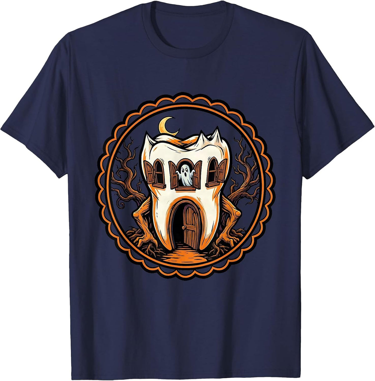 Men's Haunted Molar House Dental Halloween Design T-Shirt - Navy Blue