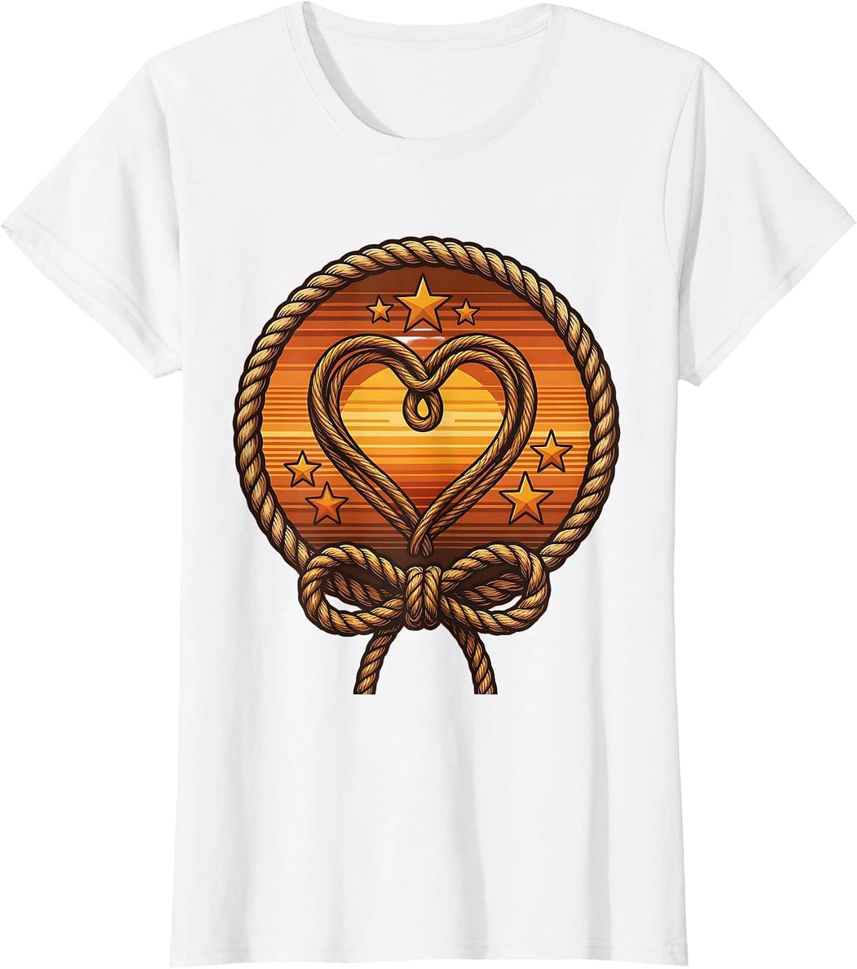 Western Lasso Heart Stars Cowgirl Graphic Design T-Shirt - White