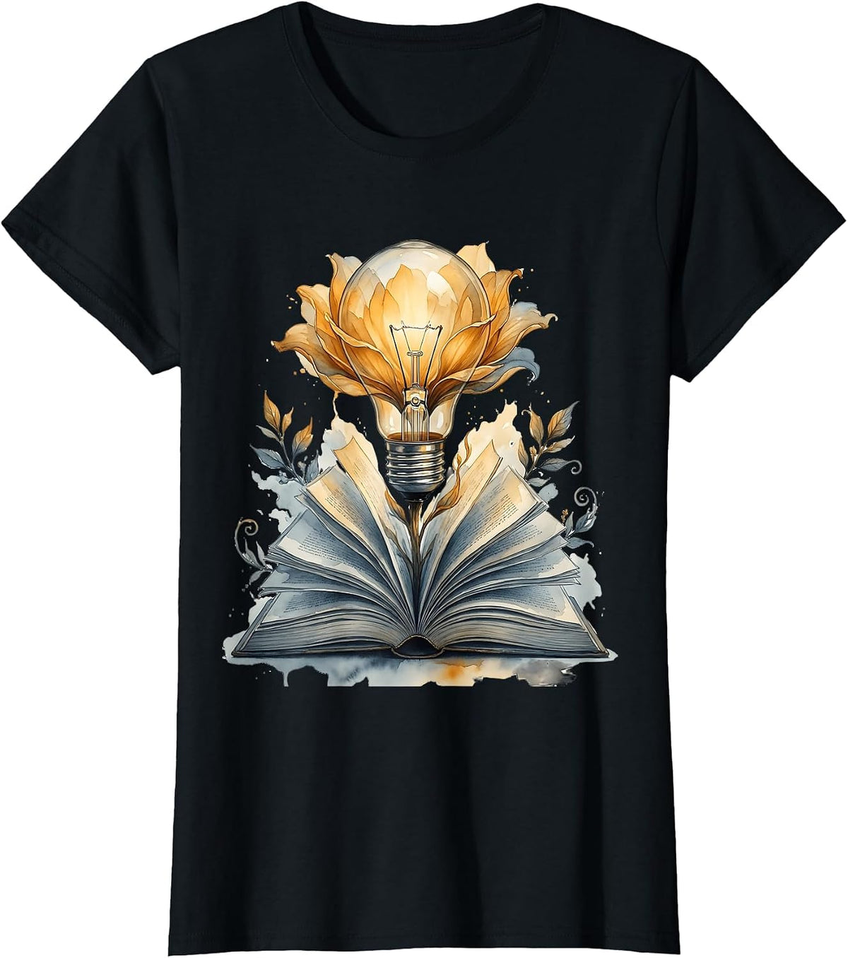 Reading Teacher Lightbulb Book Bloom Illustration T-Shirt - Black
