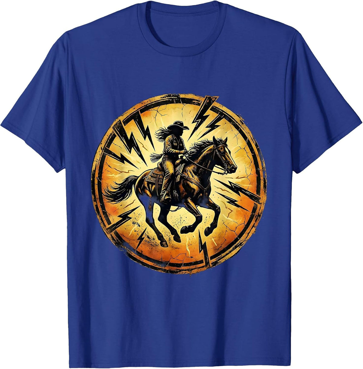 Men's Cowgirl Riding Bareback Through Lightning Storm T-Shirt - Royal Blue
