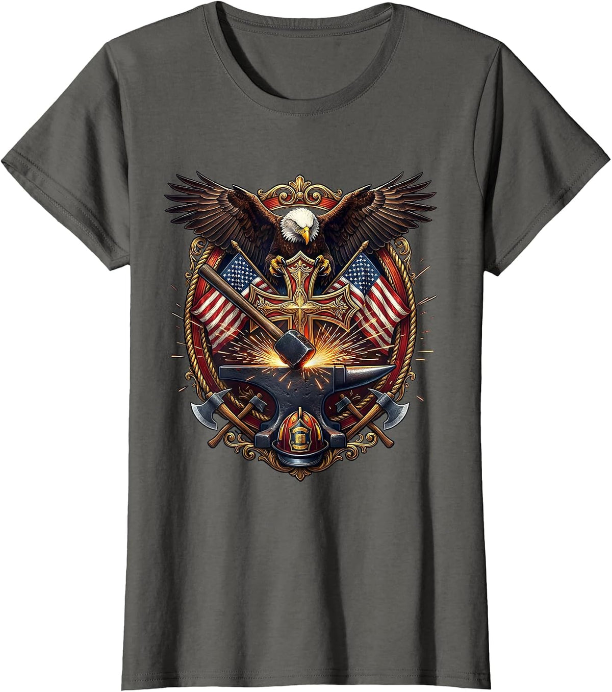 Women's Forge Hammer and Anvil Sparks Blacksmith Graphic T-Shirt - Asphalt Grey