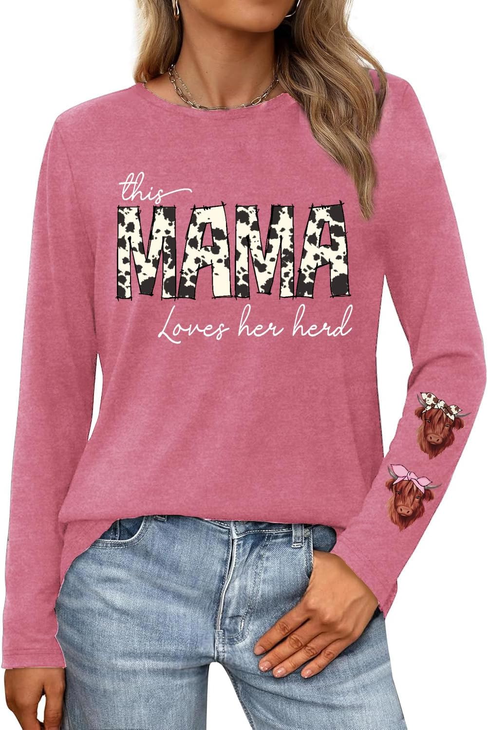 Women's Mama Shirt Mom Long Sleeves Tee Tops - Pink
