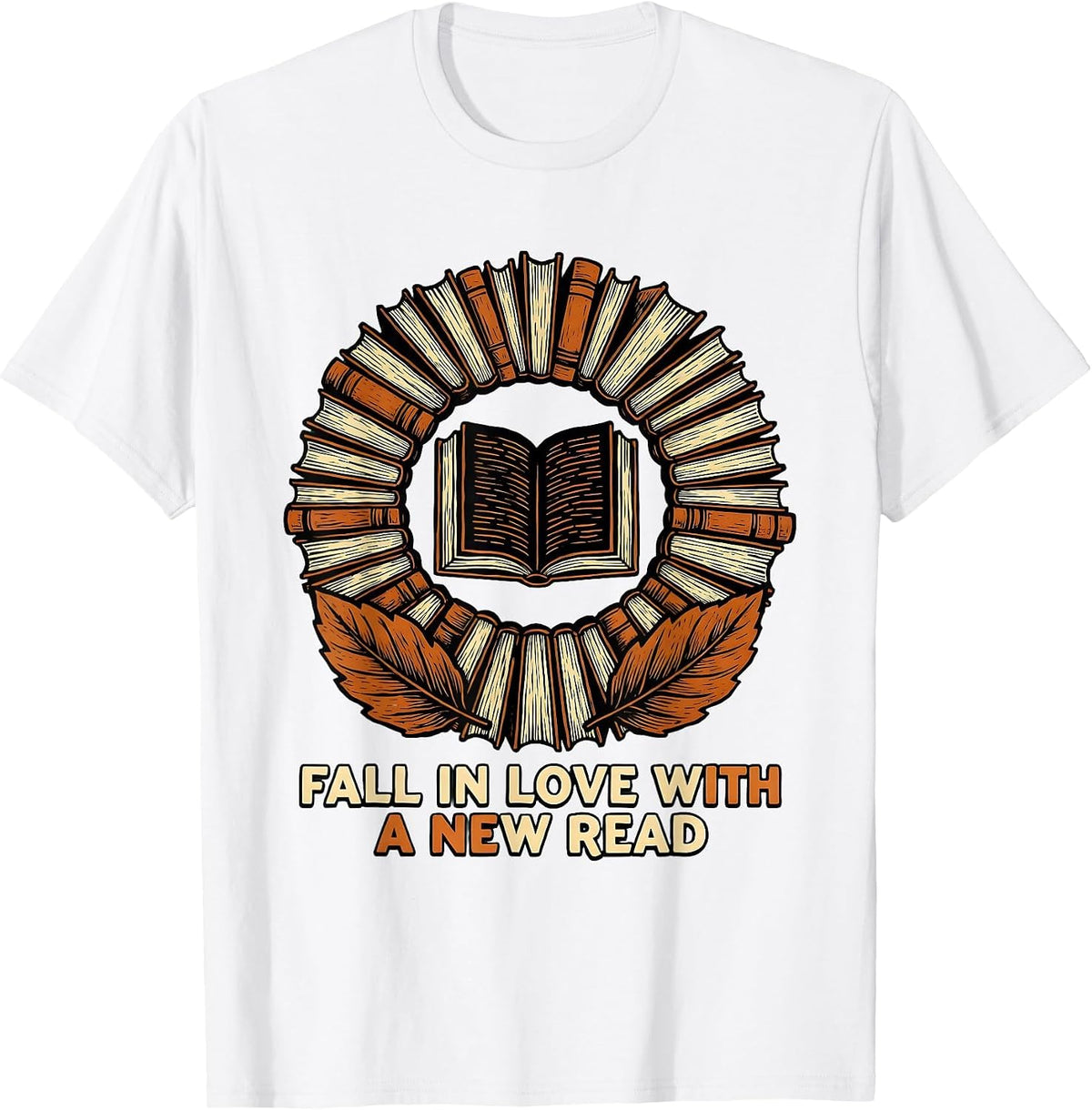 Men's Fall In Love With A New Read Linocut Autumn Teacher Book T-Shirt - White