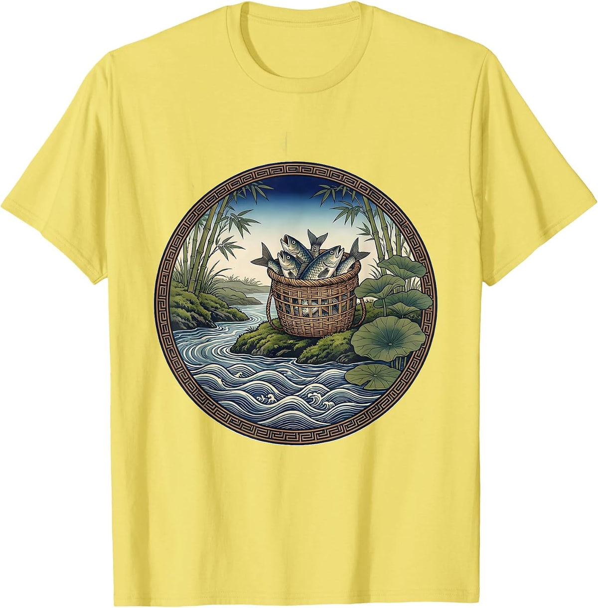 Men's Full Creel Basket on Mossy Bank Fishing Design T-Shirt - Lemon Yellow