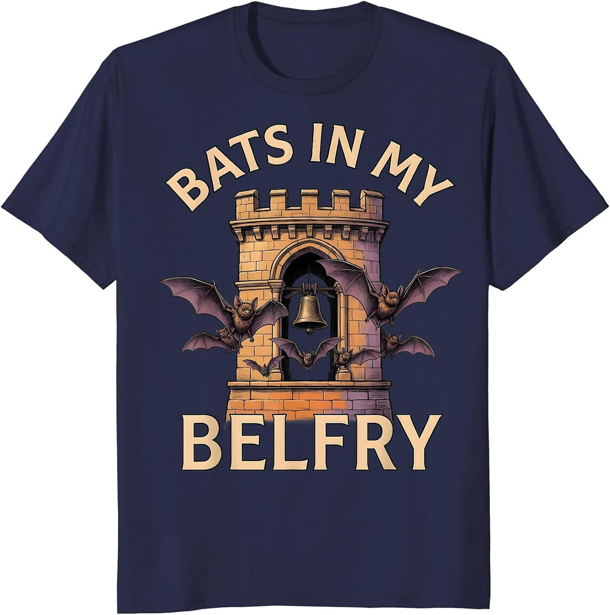 Bats In My Belfry Spooky Season Design T-Shirt - Navy Blue