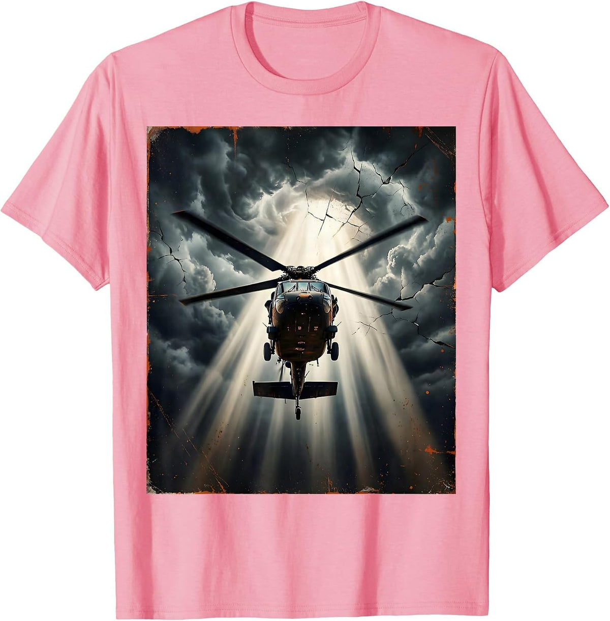Men's Helicopter Spotlight Through Dark Stormy Clouds T-Shirt - Pink