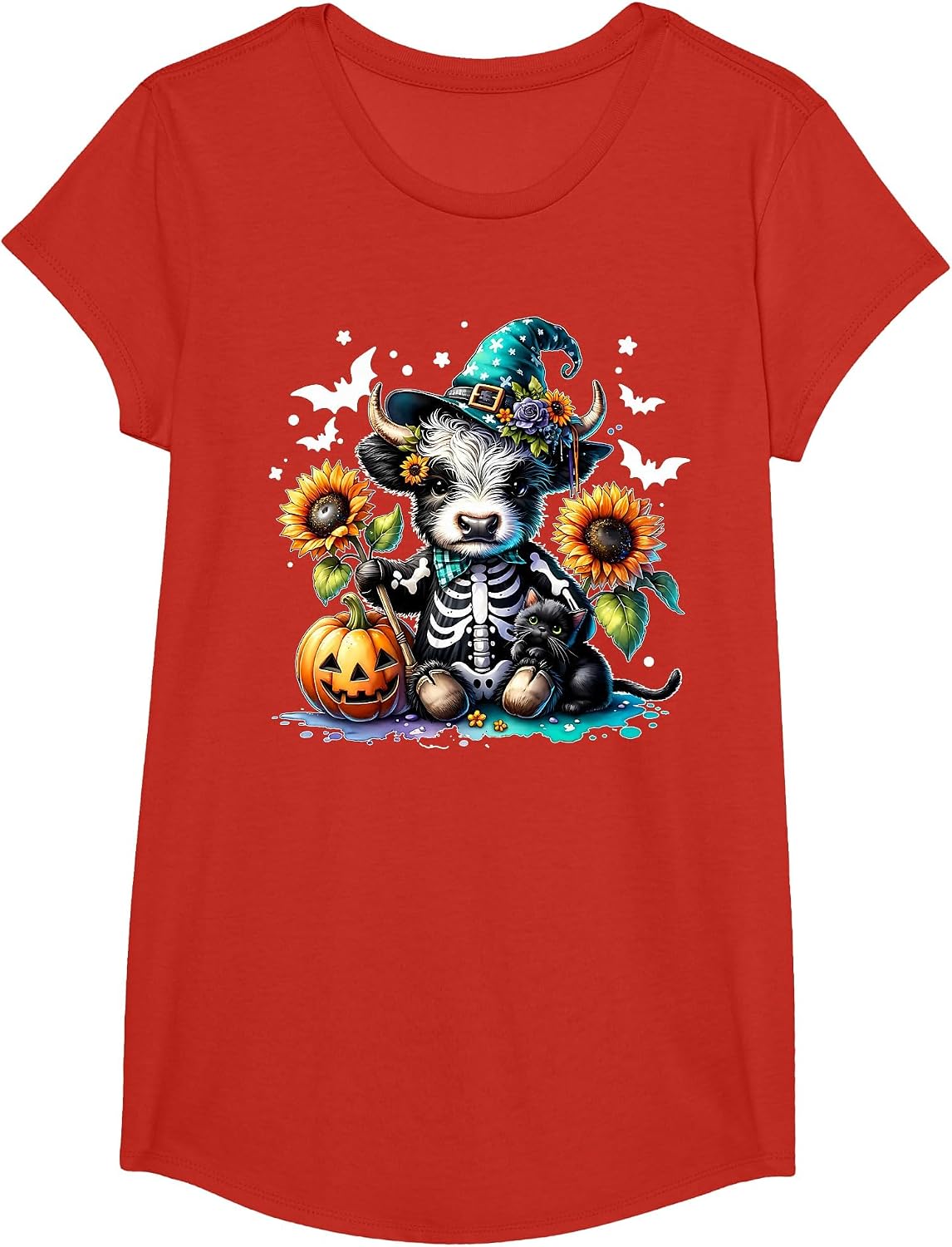 Highland Cow Witch Skeleton Halloween Sunflower Pumpkin Fall T-Shirt - Girls Red