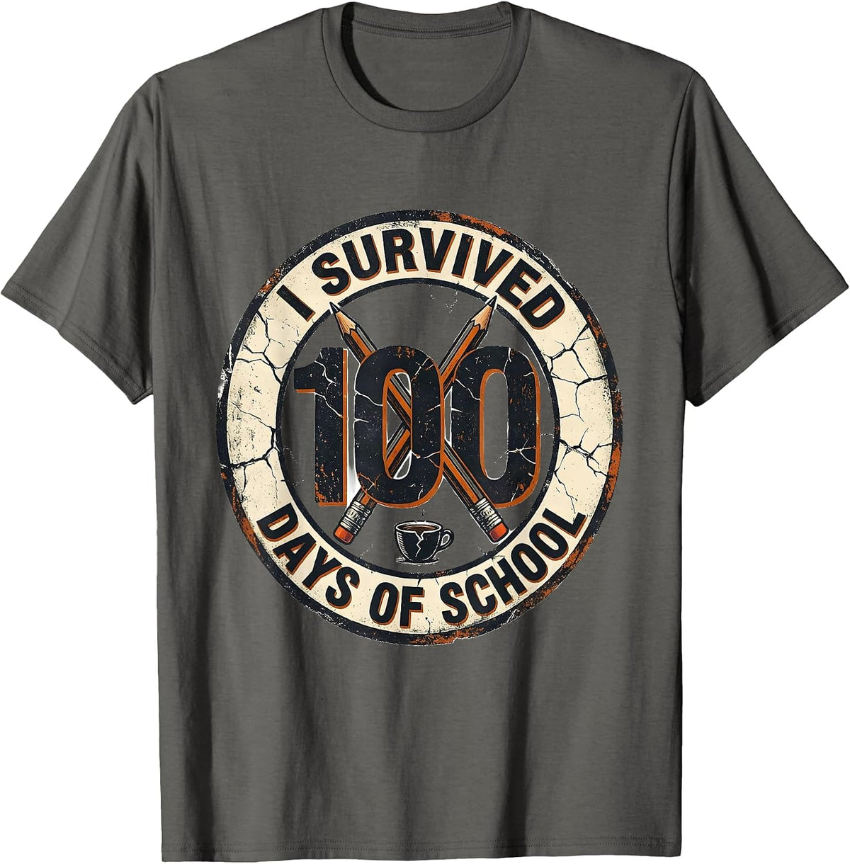 Men's I Survived 100 Days Of School Distressed Teacher Humor T-Shirt - Asphalt Grey