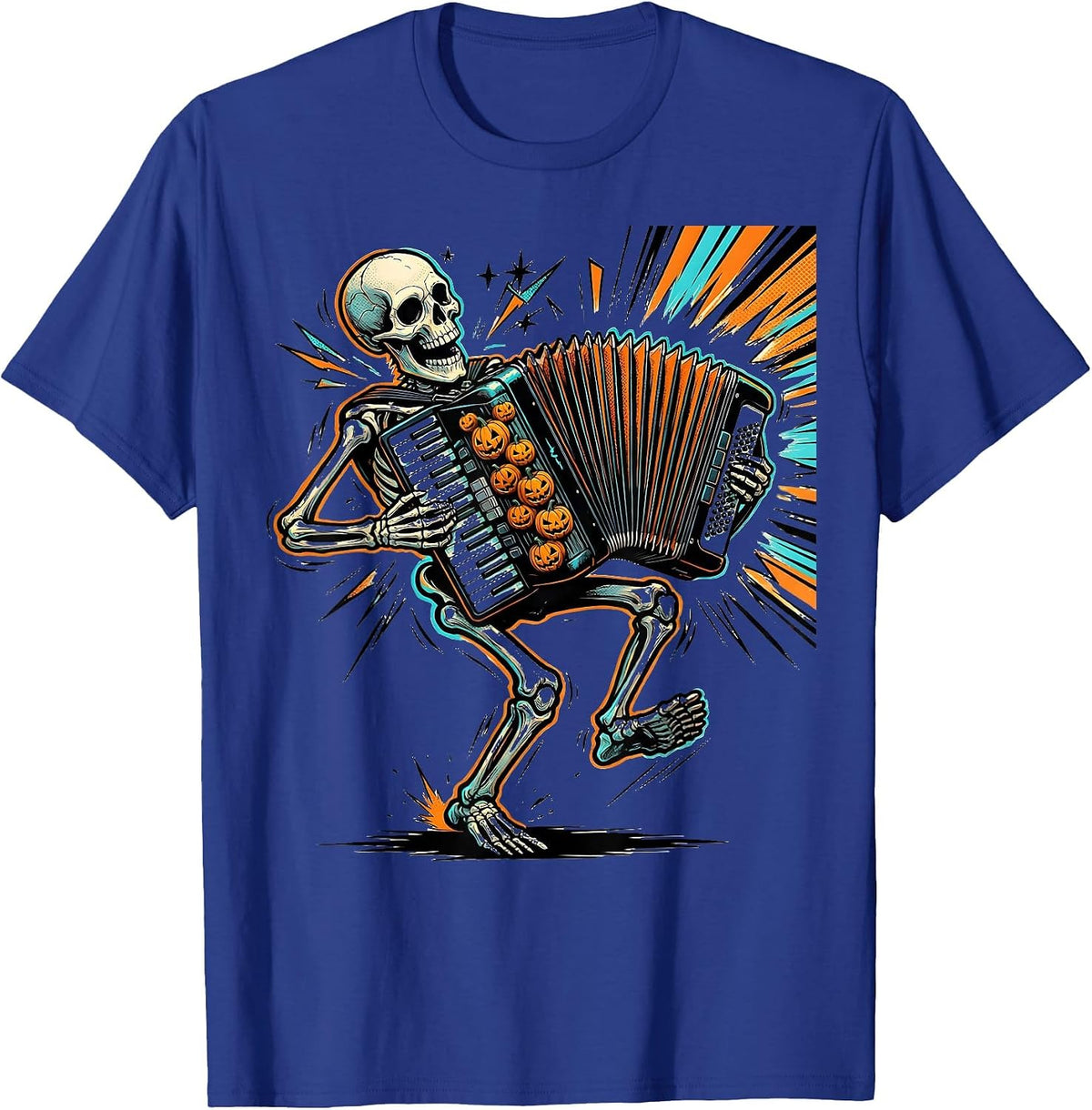 Men's Skeleton Accordionist Comic Book Halloween Musician Costume T-Shirt - Royal Blue