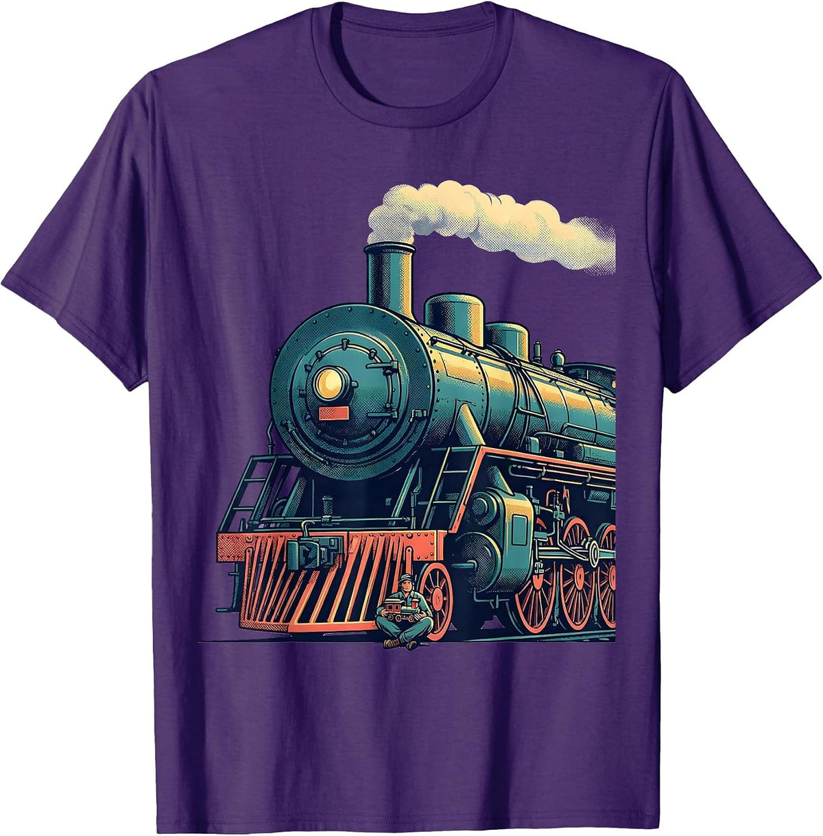 Men's Oversized Steam Locomotive Flat Vector Train Enthusiast T-Shirt - Purple