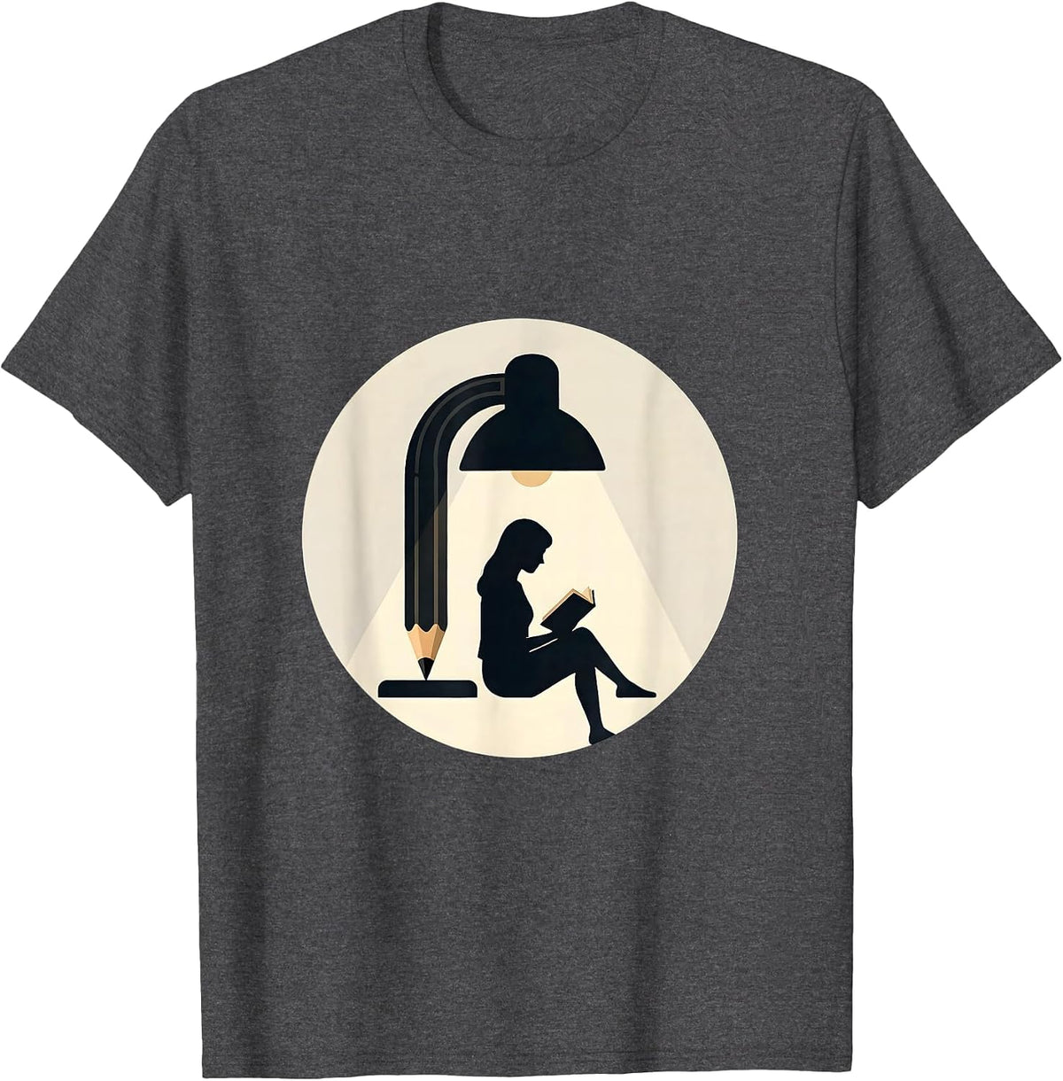 Teacher Reading Under Pencil Lamp Illustration T-Shirt - Dark Heather Grey