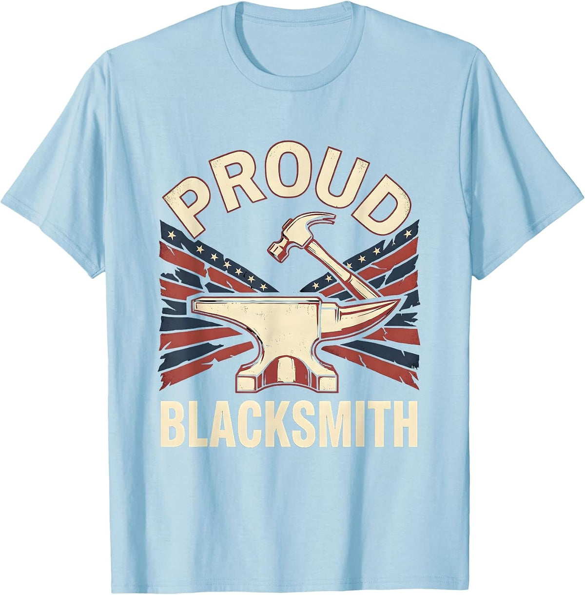Men's Proud Blacksmith Patriotic Anvil Hammer American Flag T-Shirt - Baby Blue