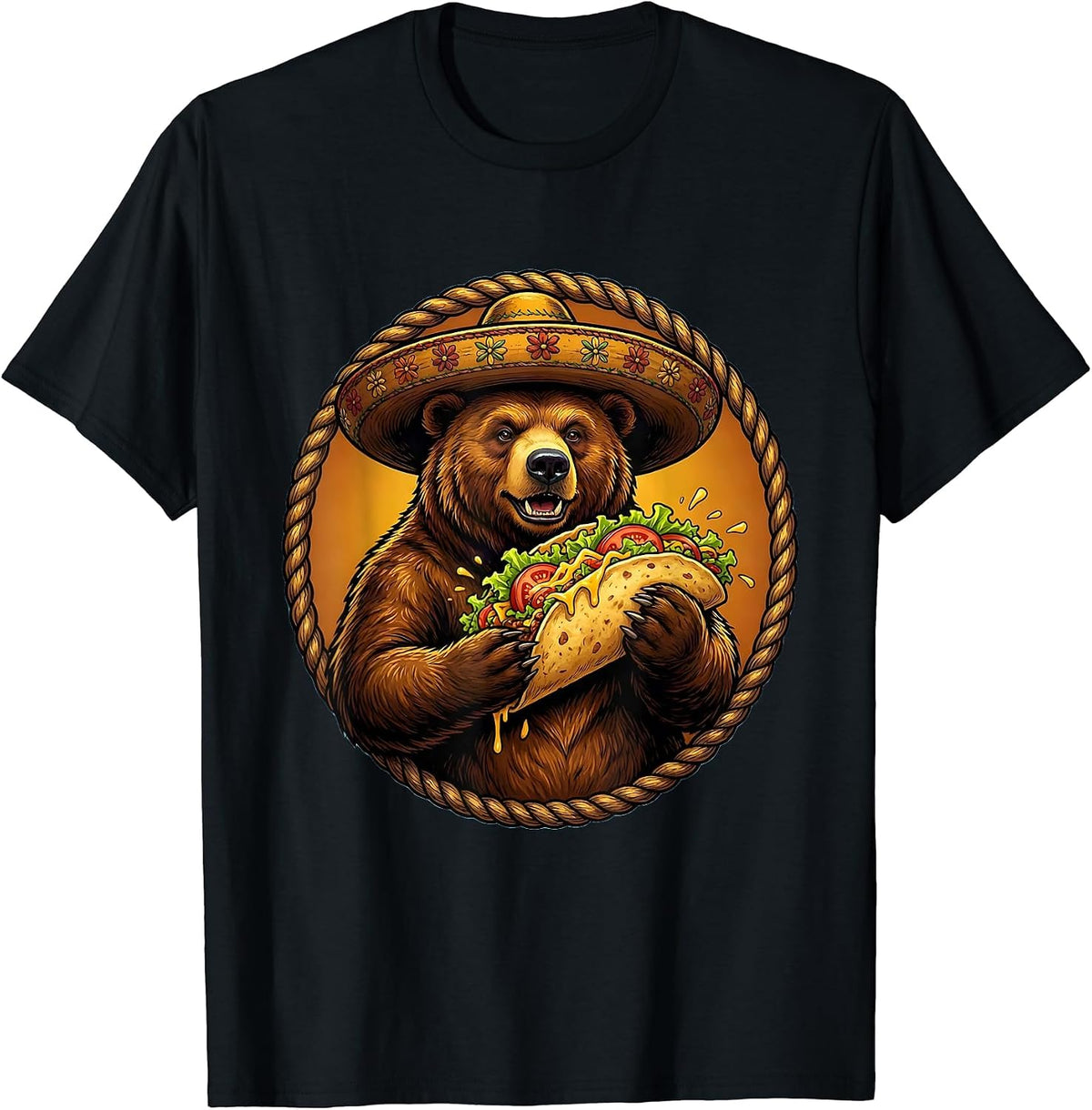 Men's Fiesta Bear Sombrero Taco Lover Graphic Tee T-Shirt - Black