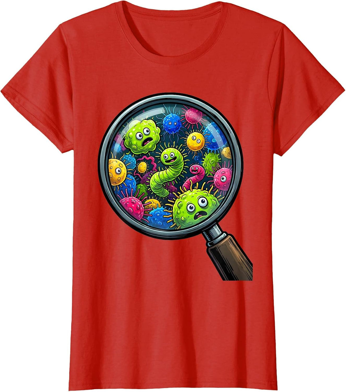 Magnifying Glass Microbial World Science Teacher T-Shirt - Red