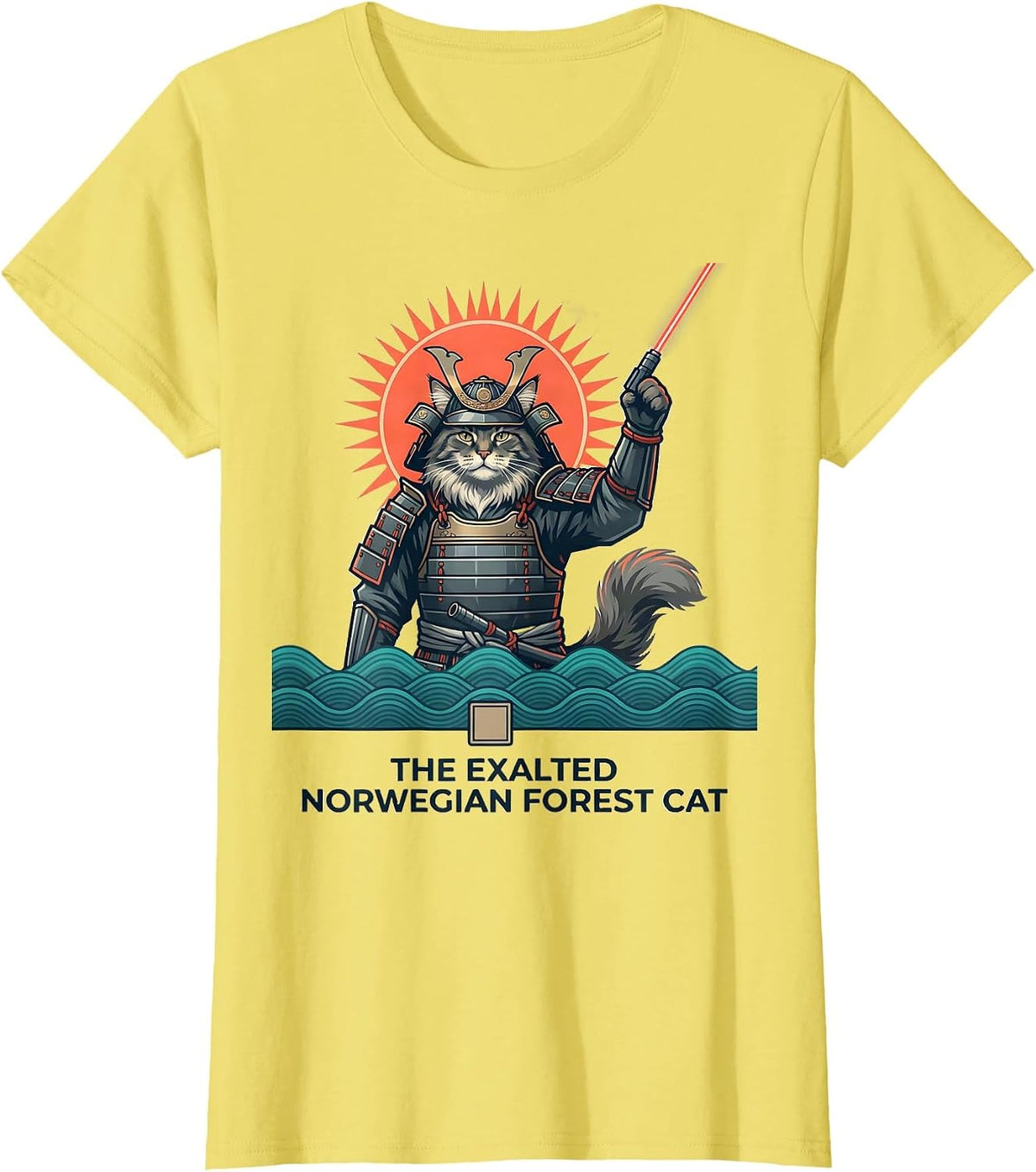 The Exalted Norwegian Forest Cat Funny Anime Cat Ukiyo-e Art T-Shirt - Lemon Yellow