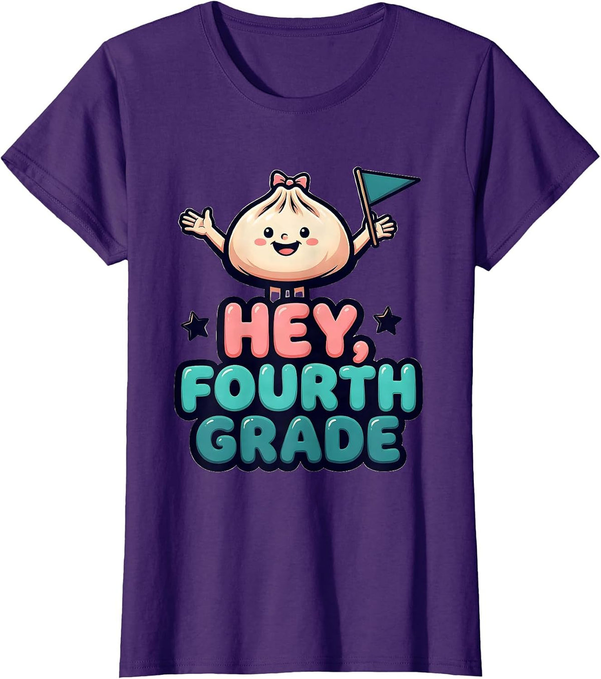 Women's Hey, Fourth Grade Cartoon Dumpling Girl Back to School T-Shirt - Purple