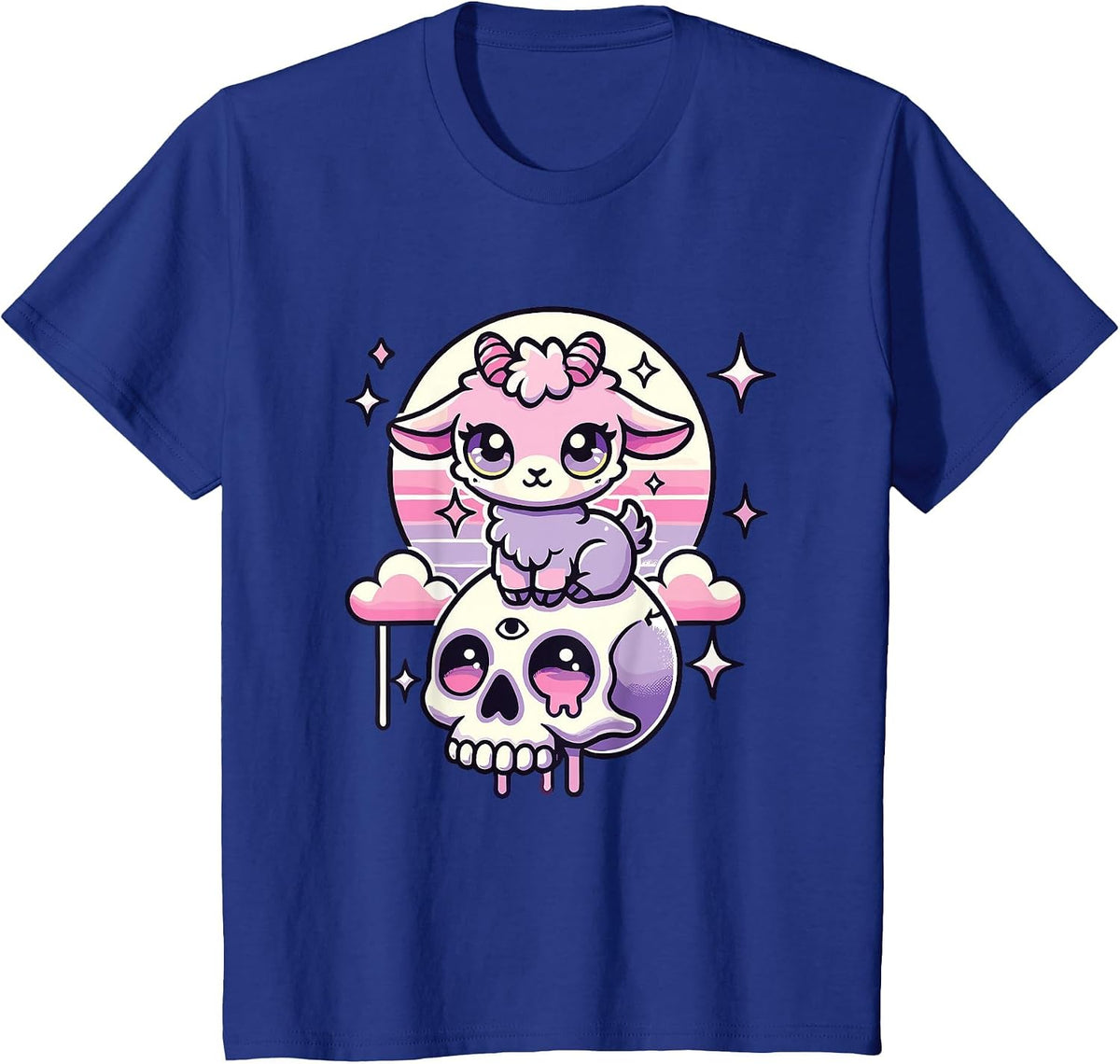 Kawaii Pastel Goth Cute Creepy Goat Bat Skeleton T-Shirt - Royal Blue